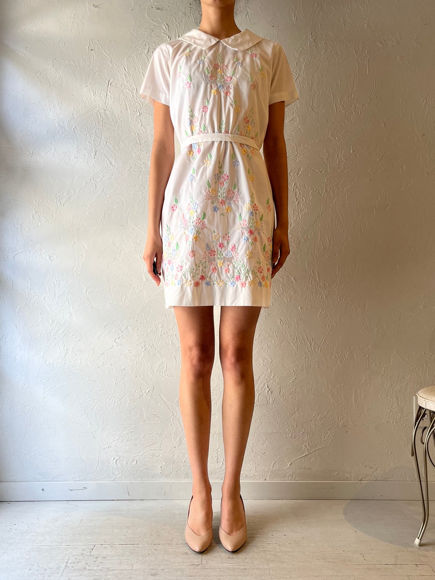 Vintage Handmade White Embroidered Boho Cottagecore Summer Mini Shirt Dress / Small - Medium