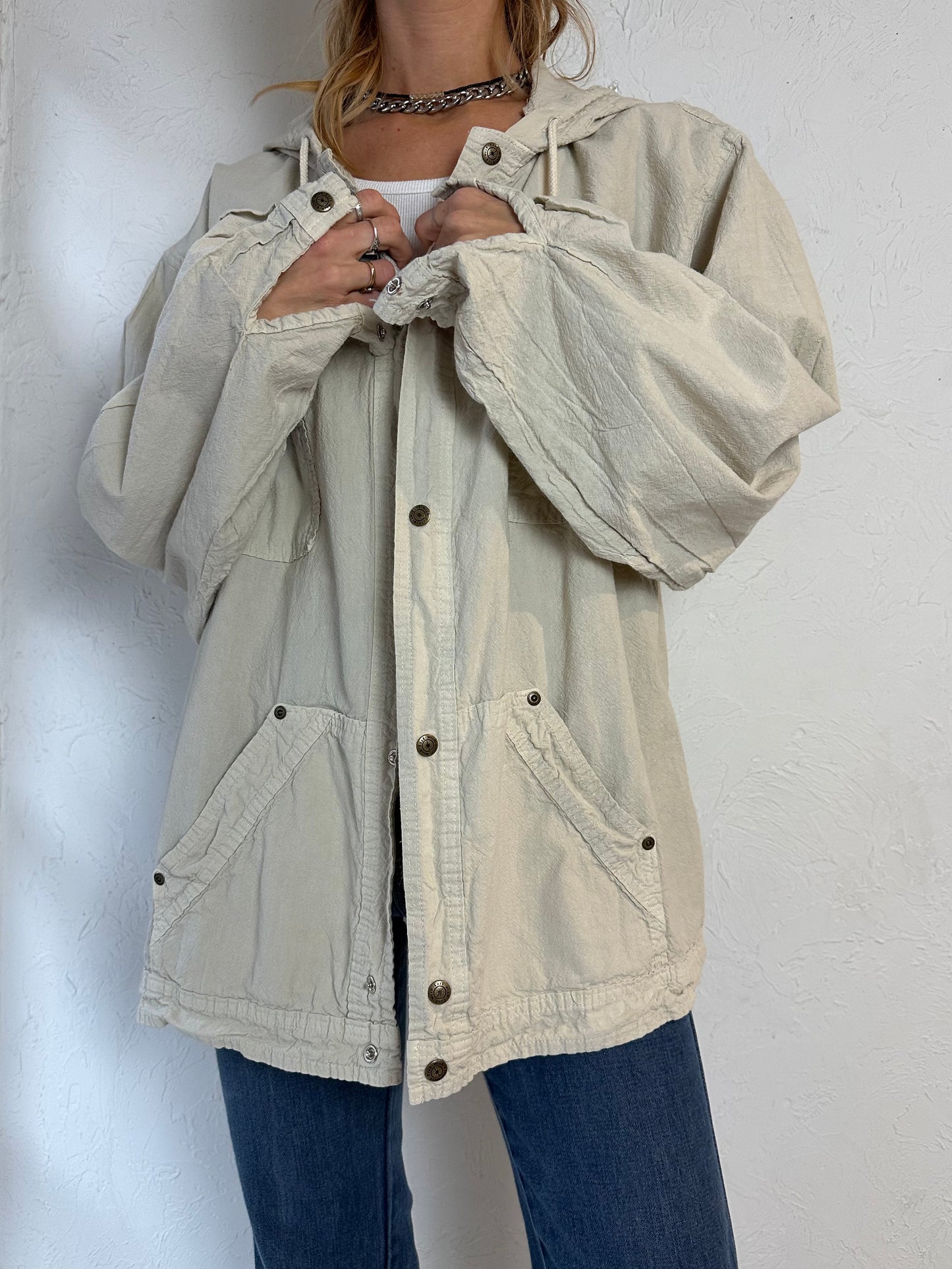 90s 'Ezze Wear' Cream Cotton Snap Up Jacket / XL