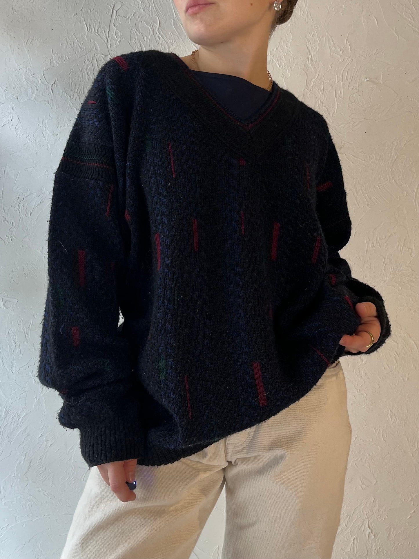 80s 'London Fog' V Neck Knit Sweater / Medium