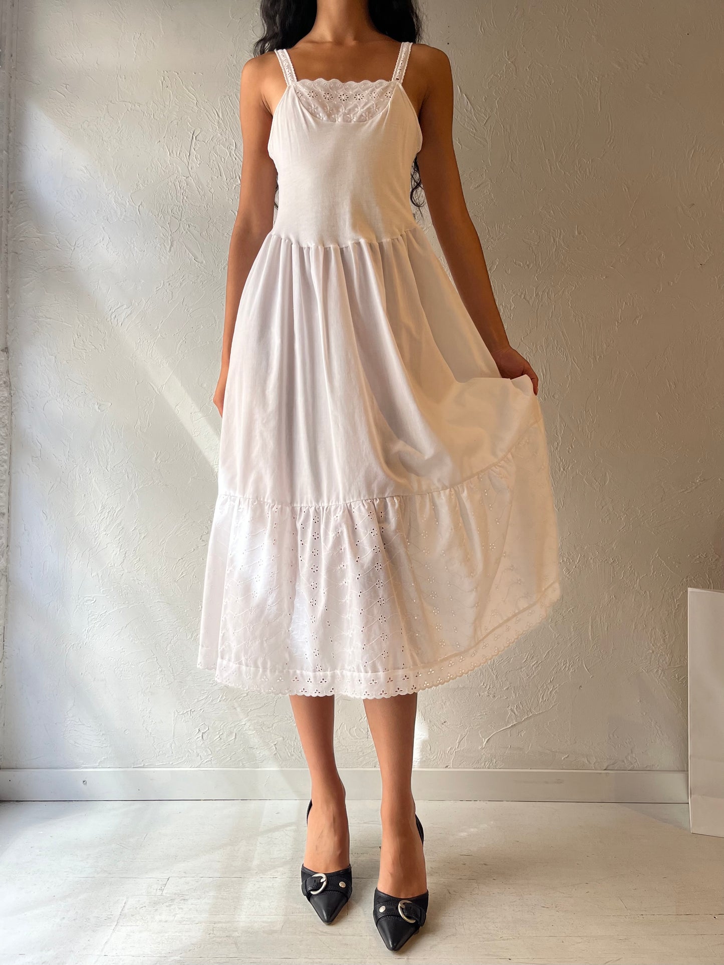 90s 'Jessica' White Eyelet Midi Dress / Small