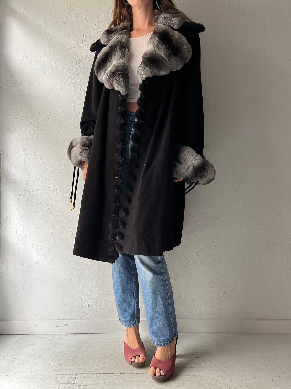 80s 'Avec' Black Wool Fur Collar Avant Garde Statement Winter Coat / Large