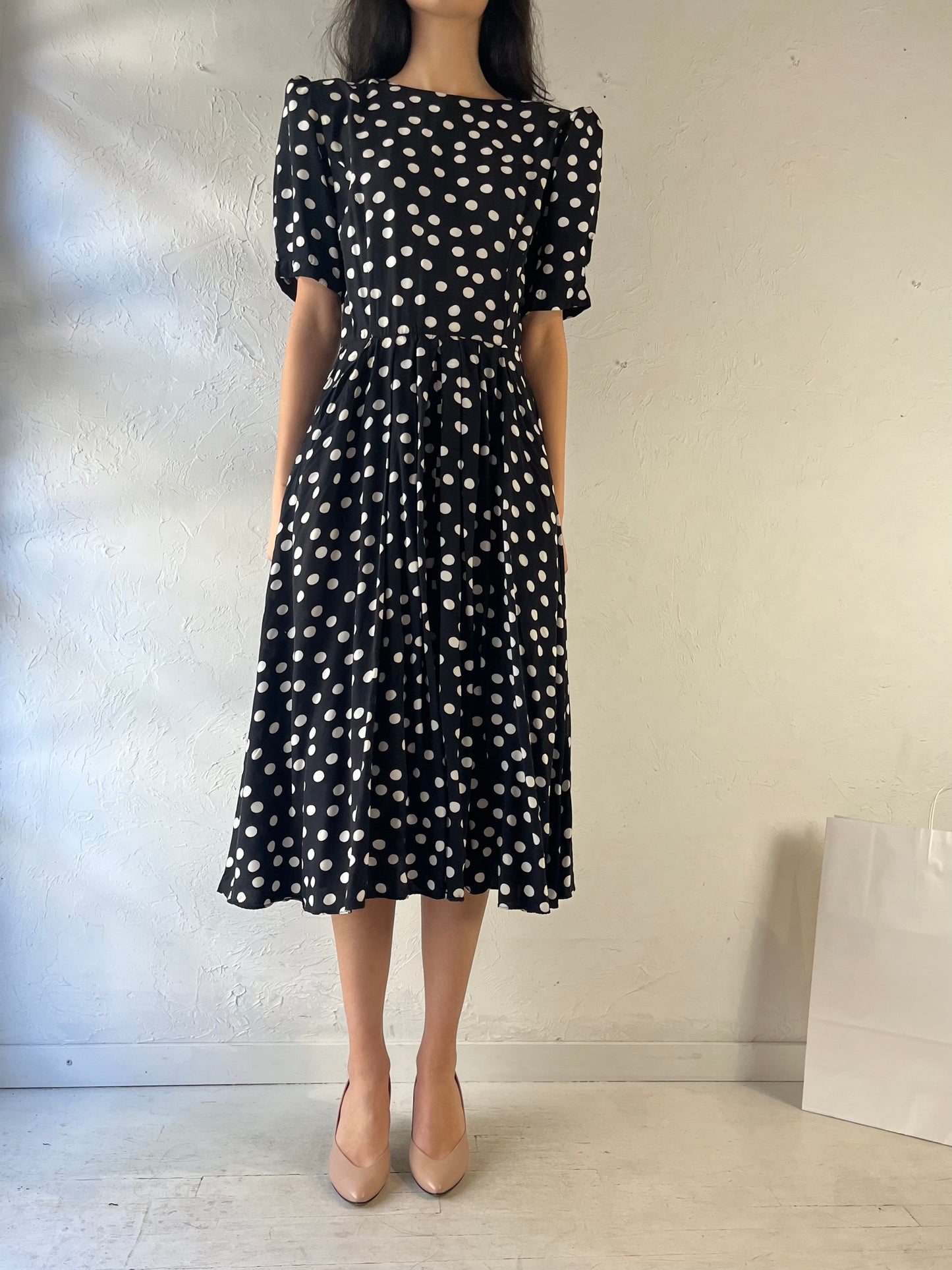 80s Black Polka Dot Dress / Small - Medium