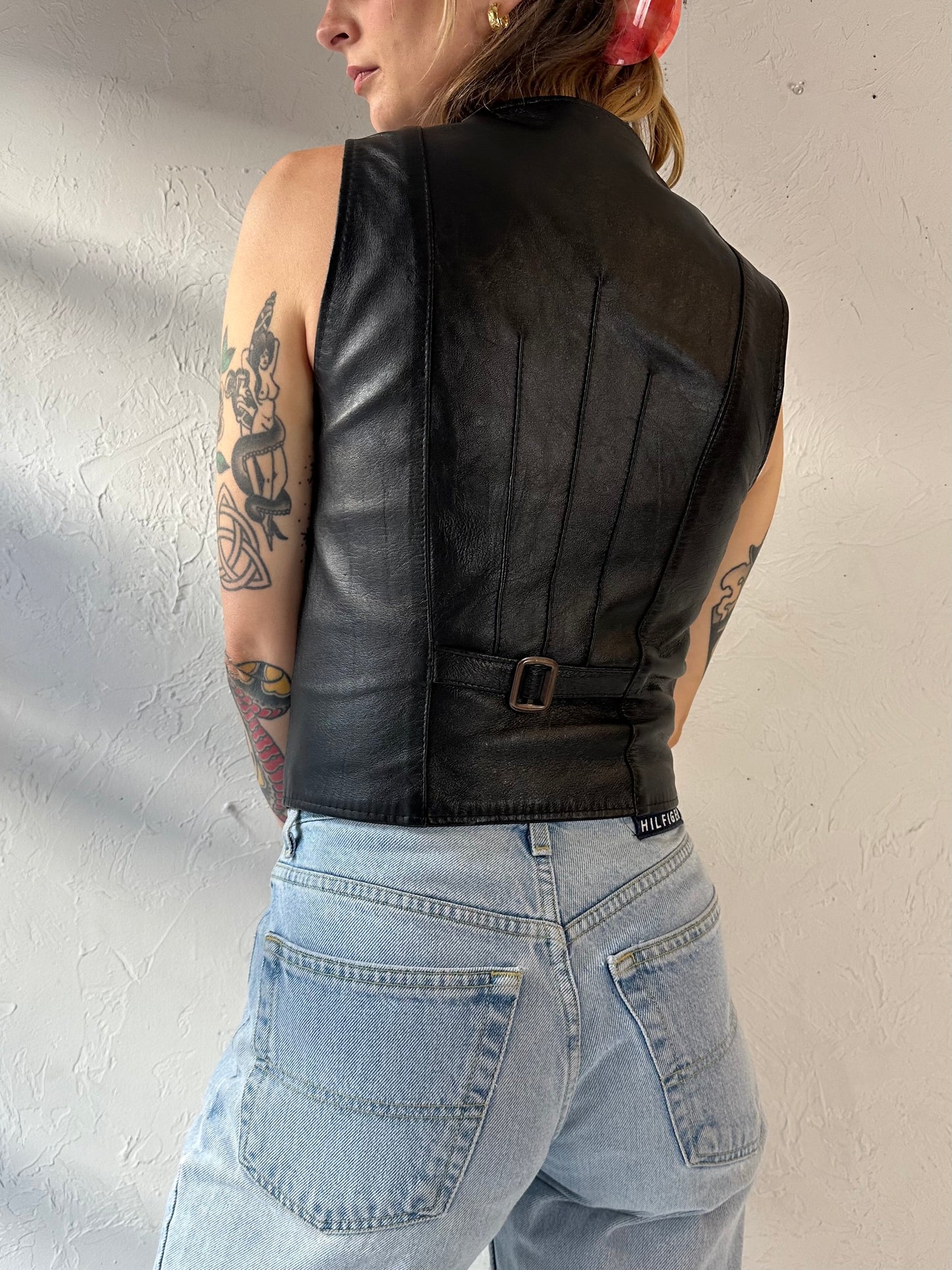 90s 'Outlook' Black Leather Vest / Small