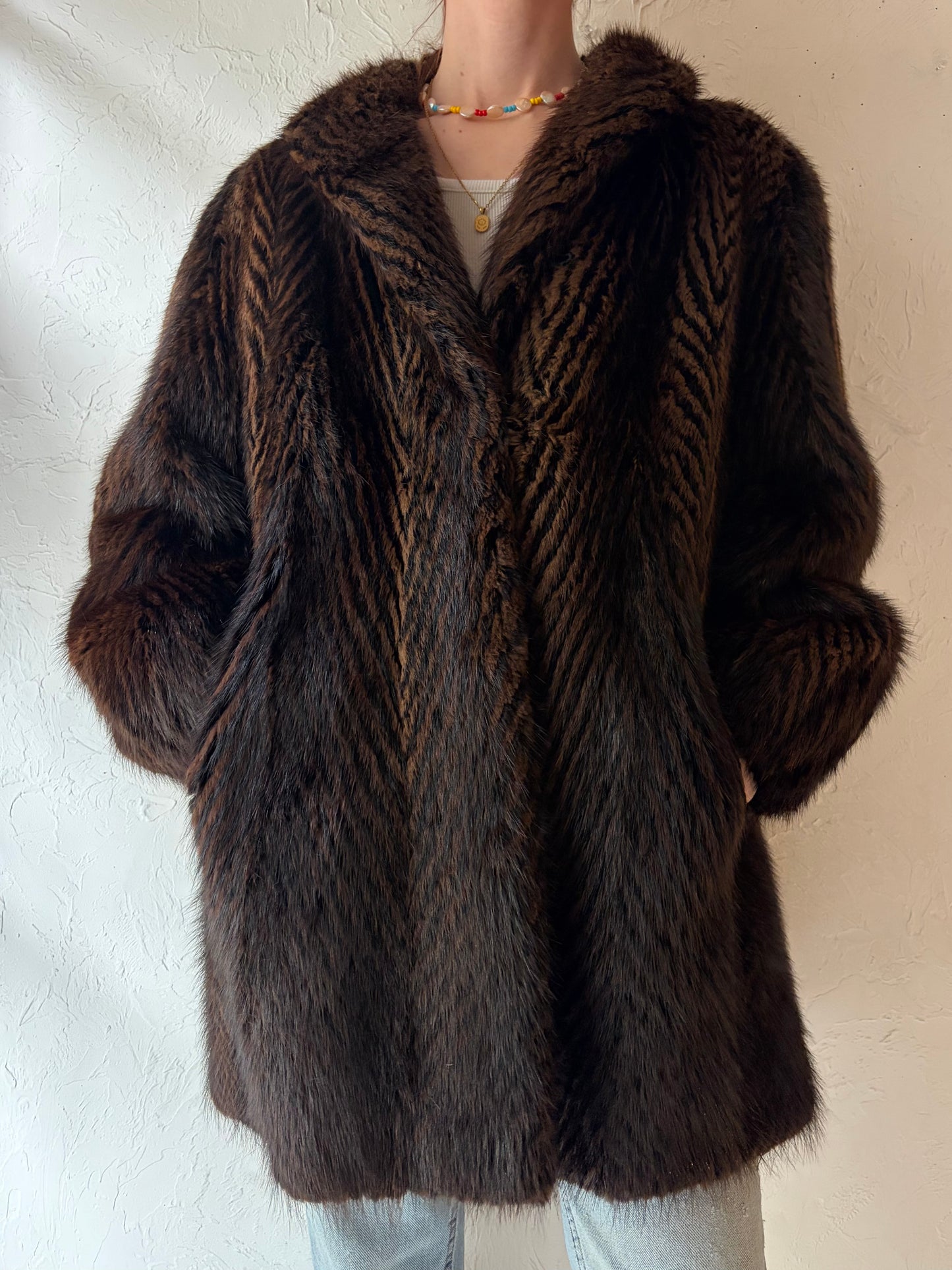 80s 'Black's Furs' Chevron Fur Coat / Medium