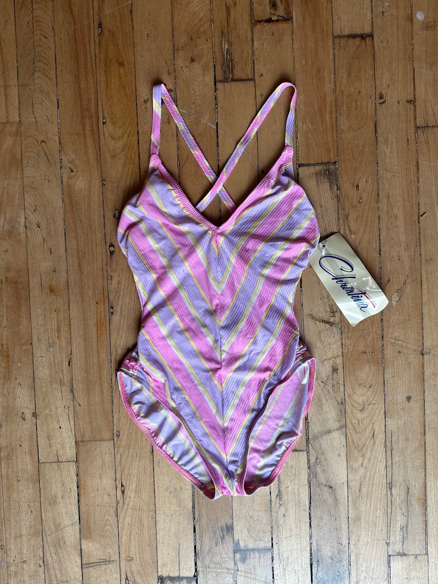 90s Deadstock Christina Pink Striped One Piece Swim Suit / Small