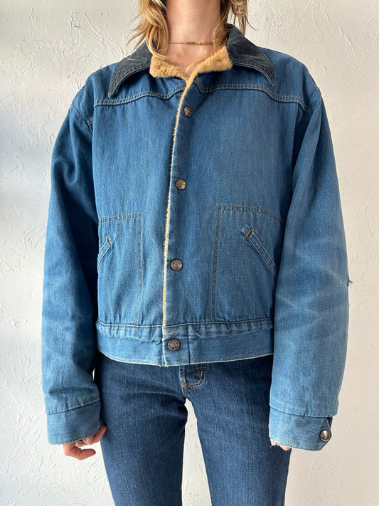 90s 'Ely' Faux Fur Cropped Denim Jacket / Large