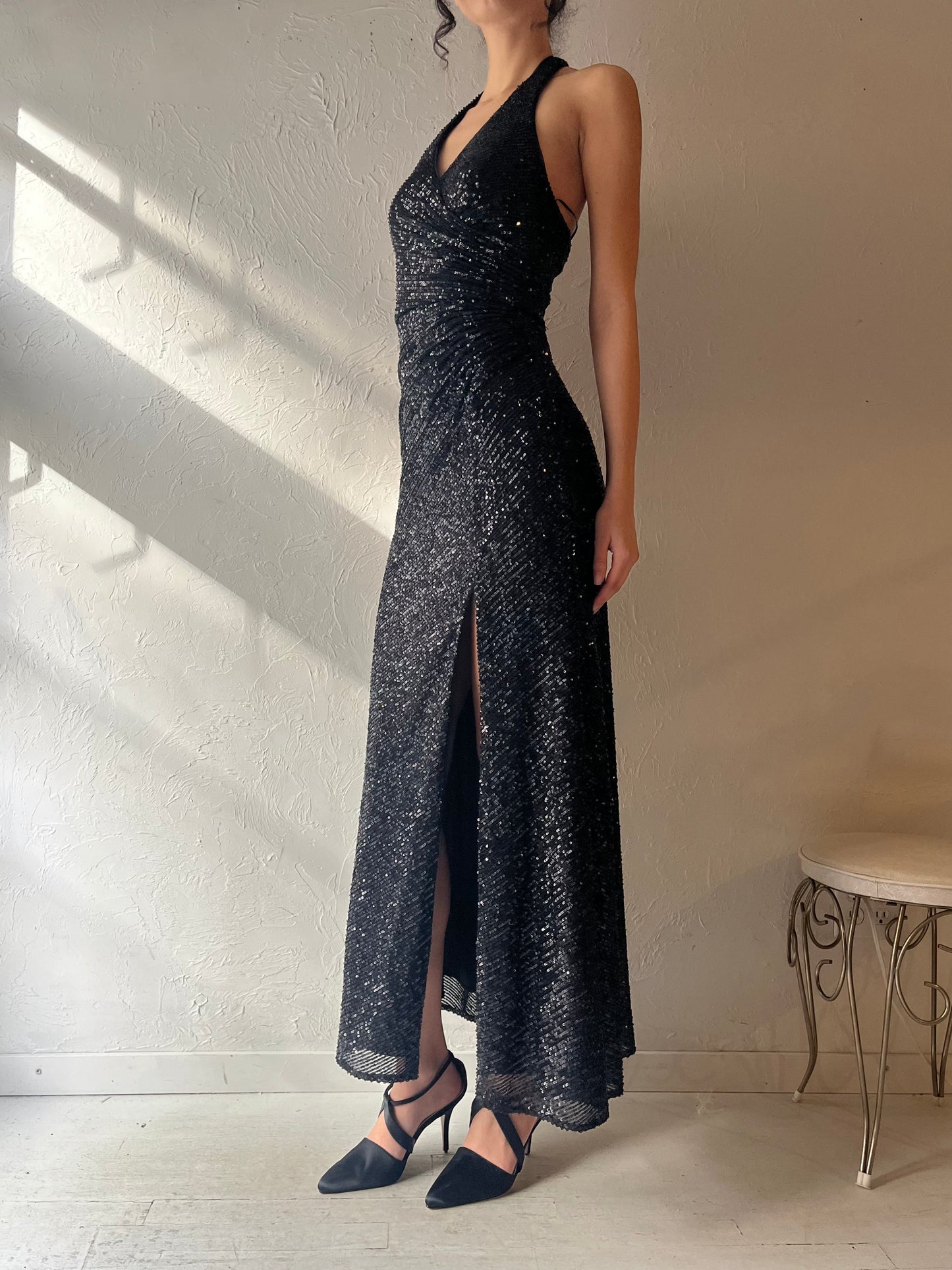Y2k 'Morgan & Co' Black Sparkly Halter Dress / Small
