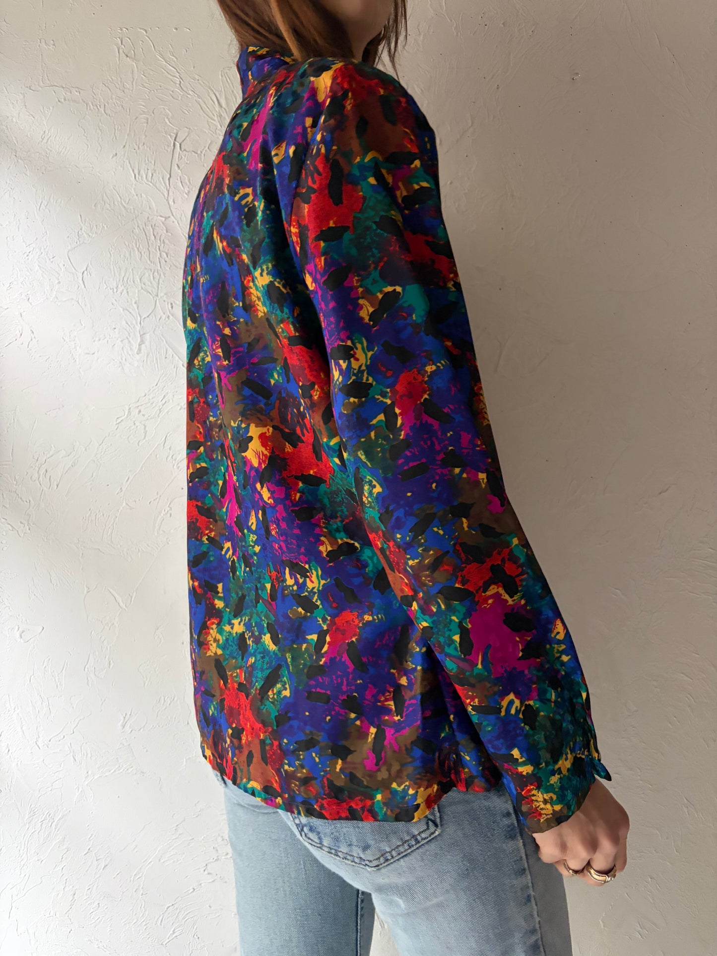 90s 'Fathena' Retro Patterned Office Wear Blouse / Medium