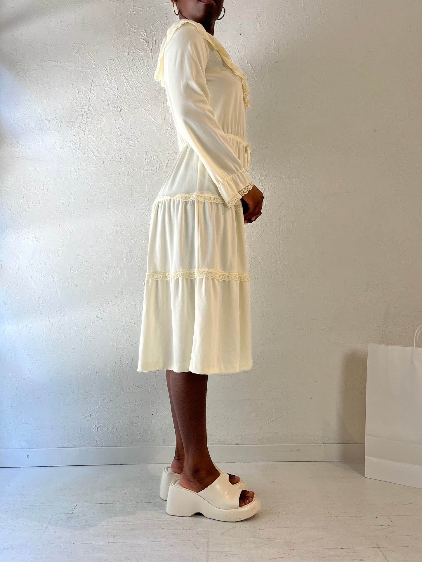 70s 'Montgomery Ward' Off White Peasant Dress / Small - Medium