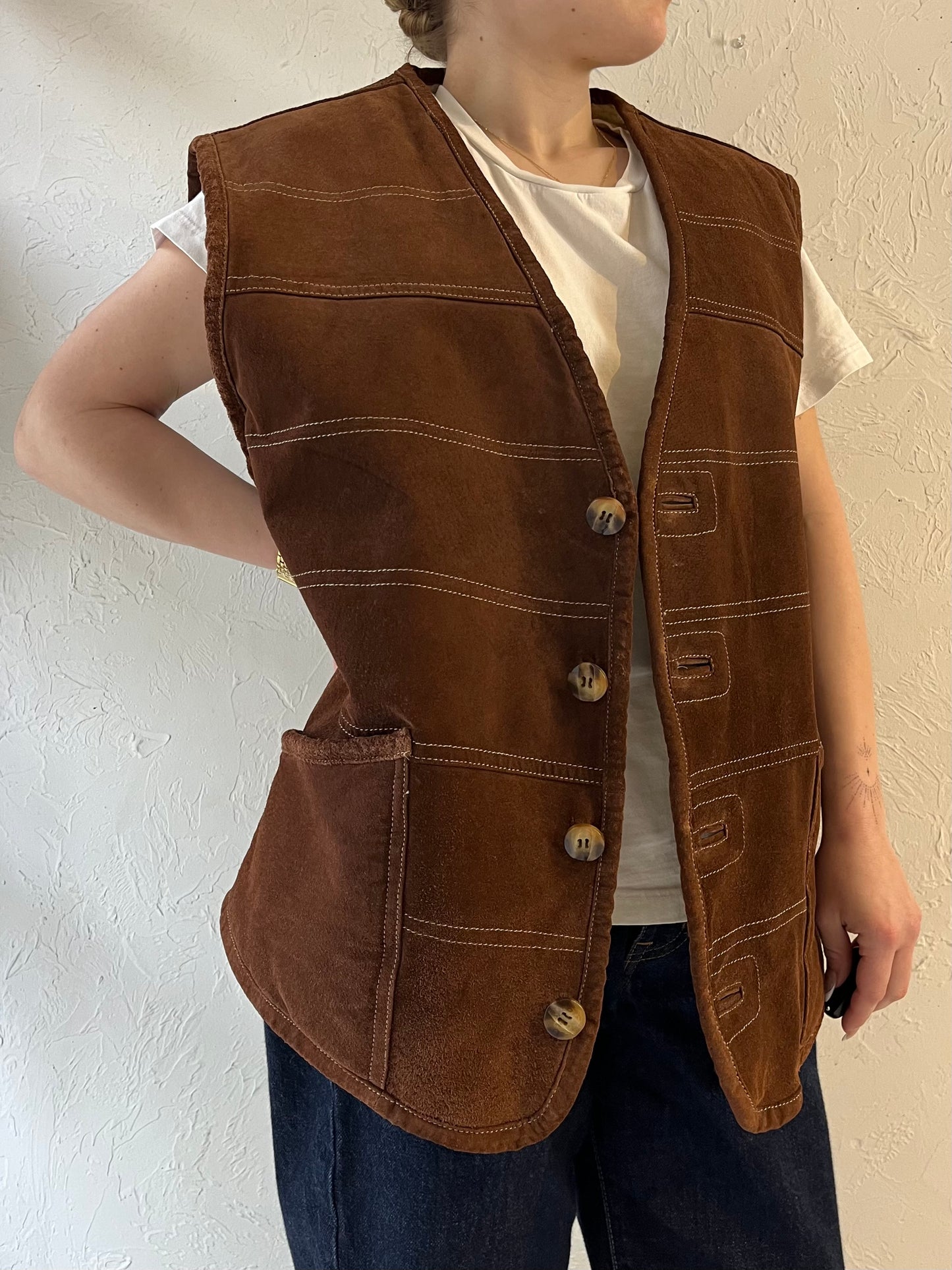 Vintage Brown Suede Shearling Vest / Large