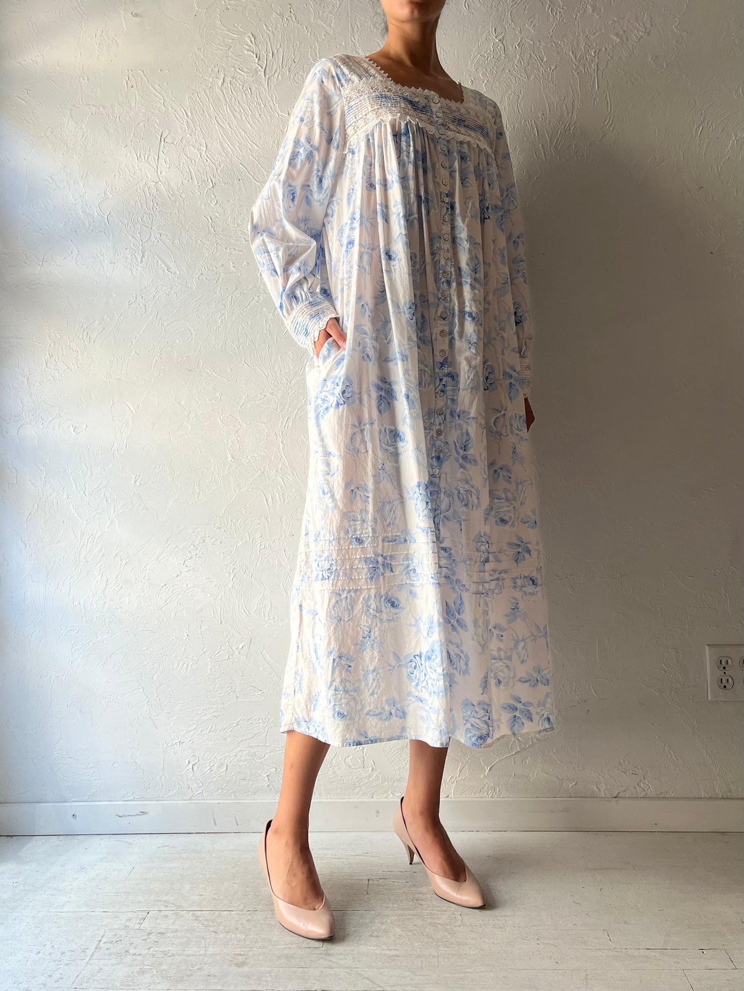 Y2k 'Eileen West' Blue Floral Button Up Cotton Maxi Dress / Large