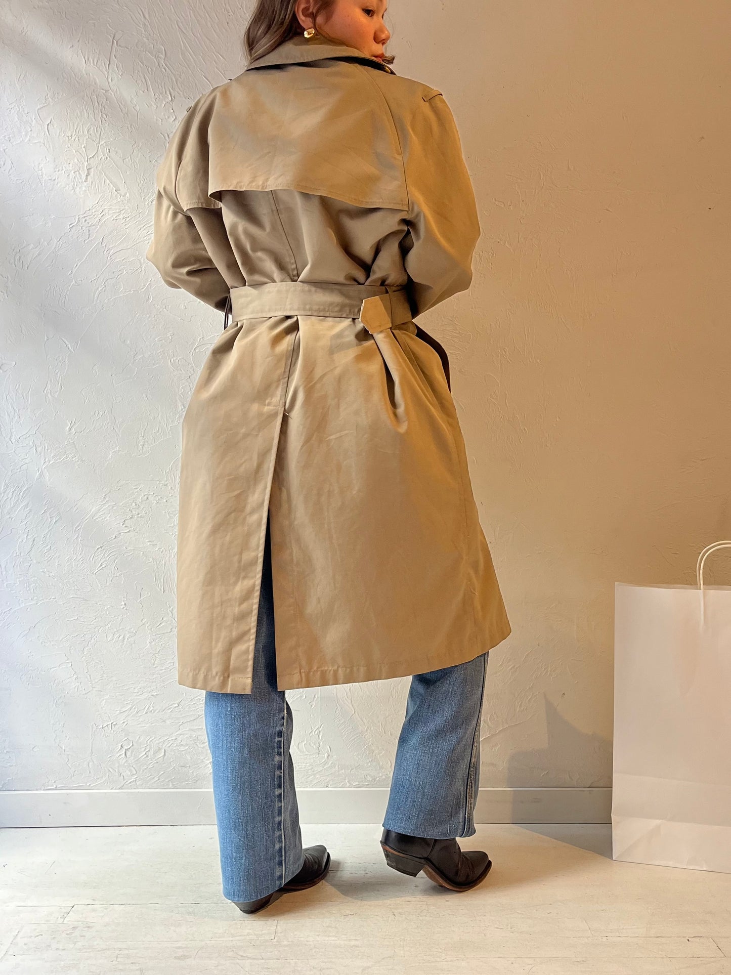 90s 'Clipper Mist London Town' Beige Faux Fur Lined Trench Coat / Medium