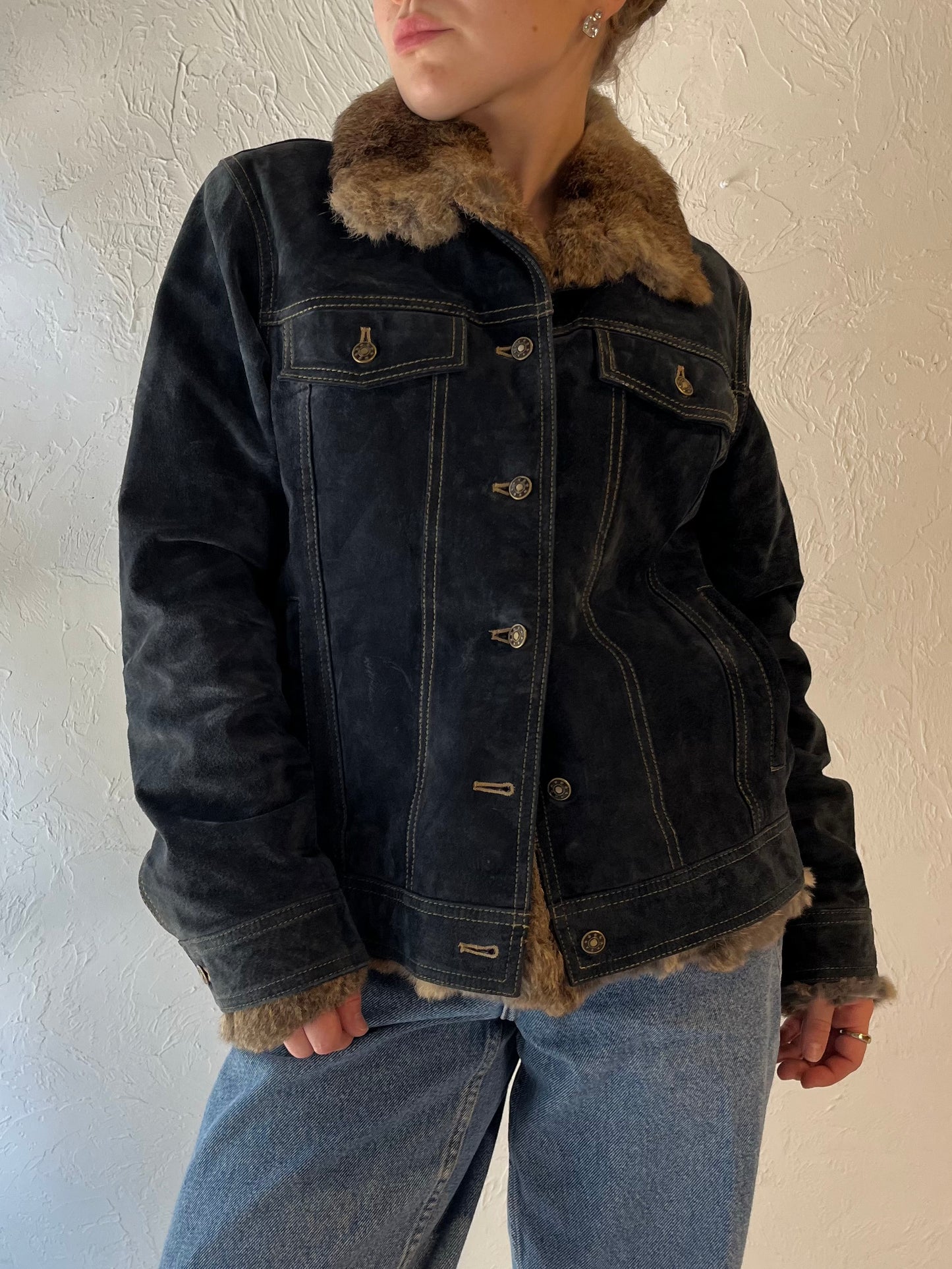 Y2k 'Wilsons Leather' Blue Suede Jacket with Rabbit Fur Trim / Medium