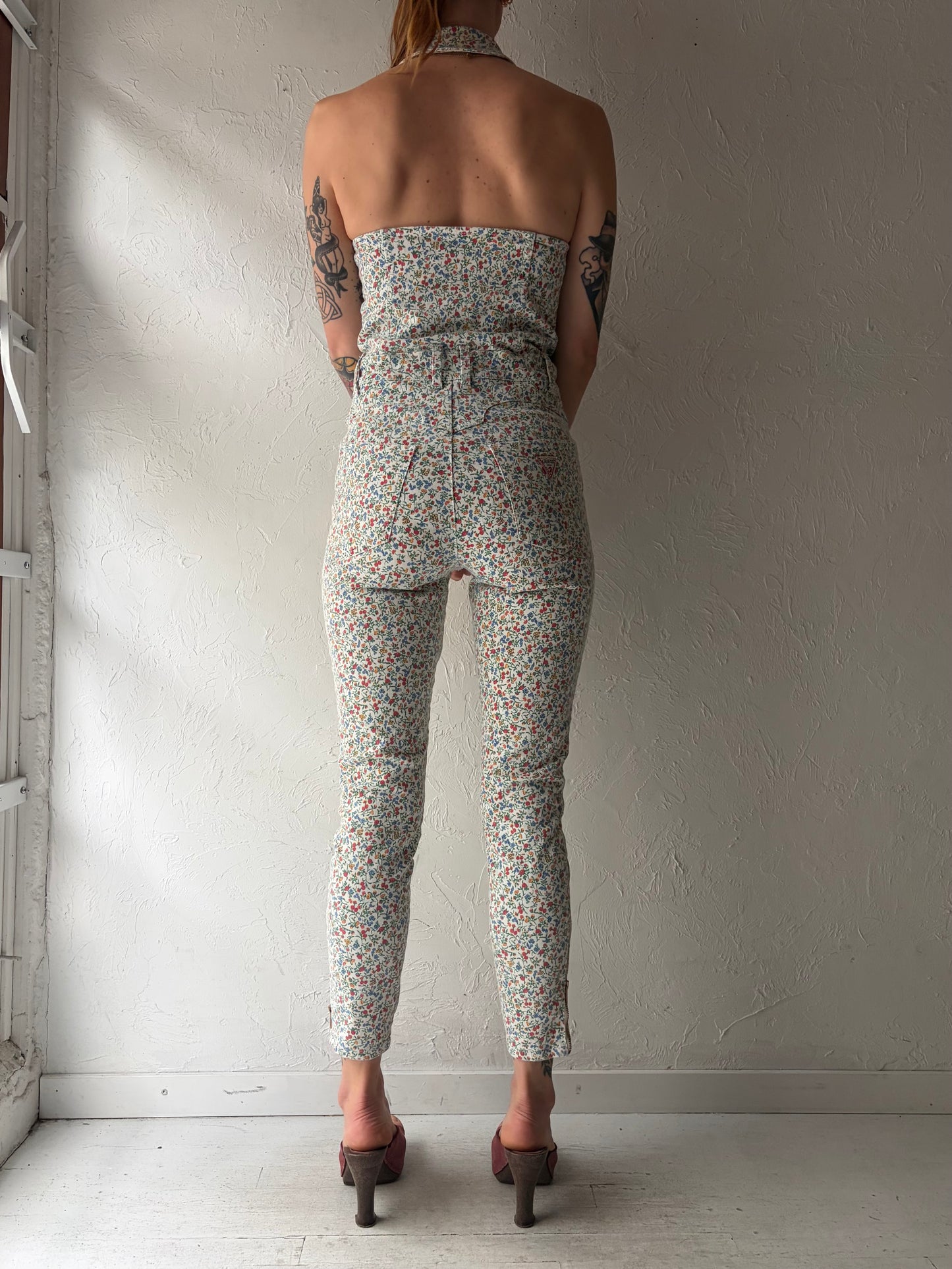 Vintage 2000s 'Guess' Floral Print Stretch Denim Jumpsuit / Small