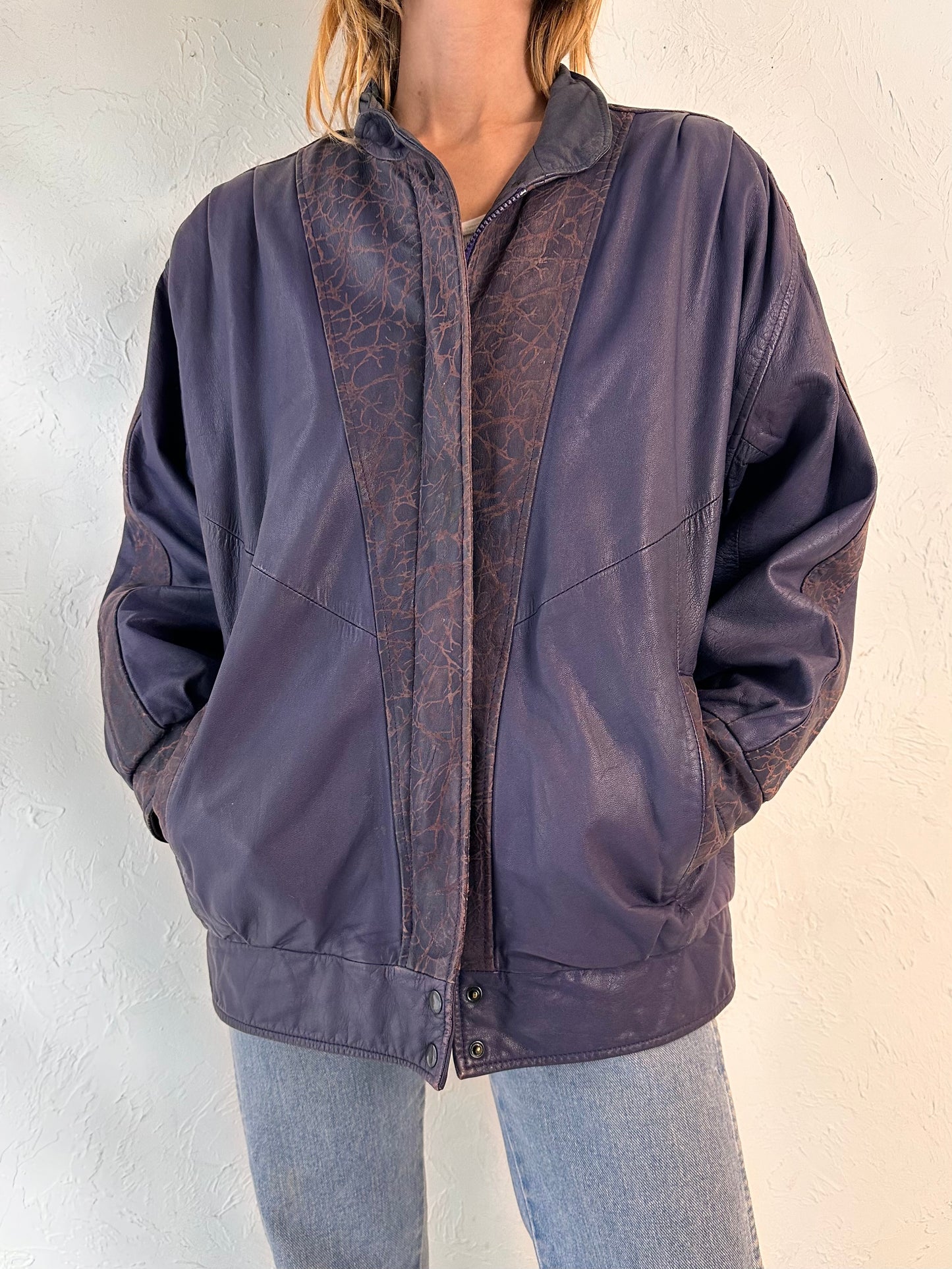 90s Purple Leather Jacket / Medium