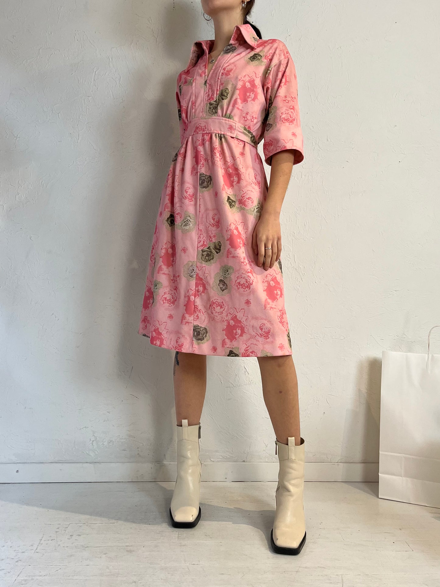 70s 'Nu Mode' Pink Floral Midi Dress / Medium