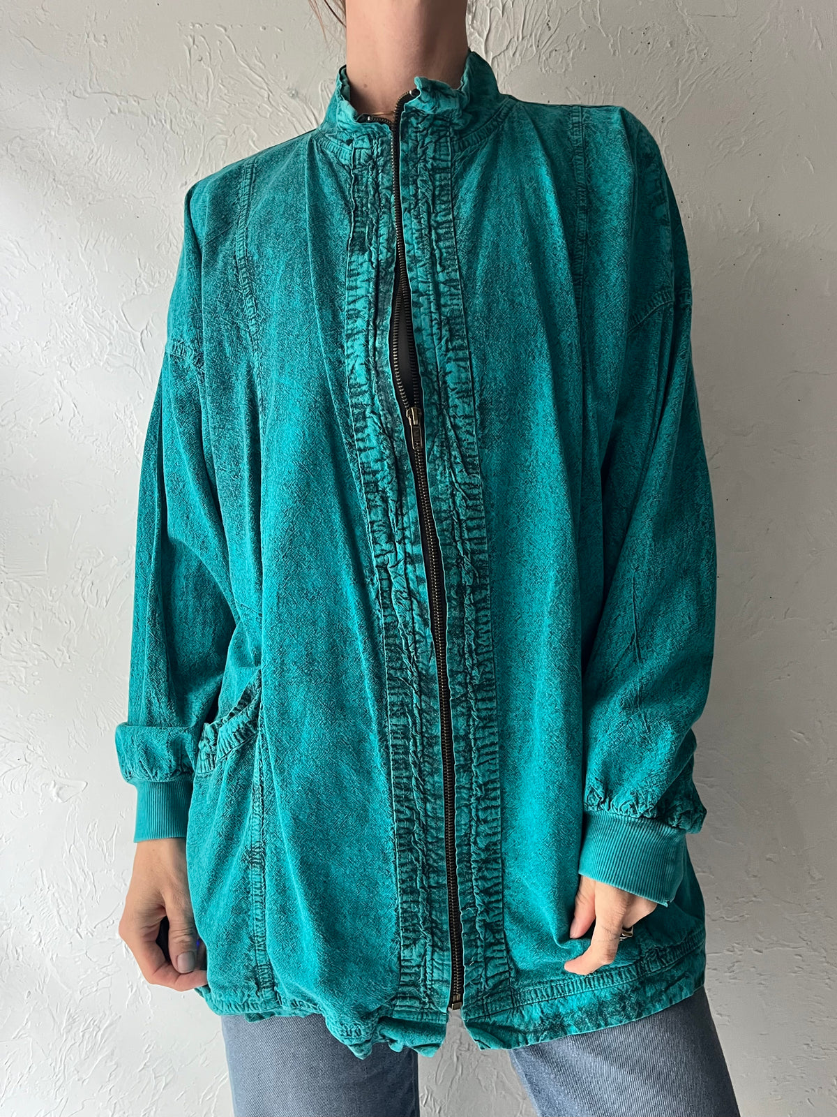 90s 'Ezze Wear' Green Zip Up Long Sleeve Cotton Jacket / Small
