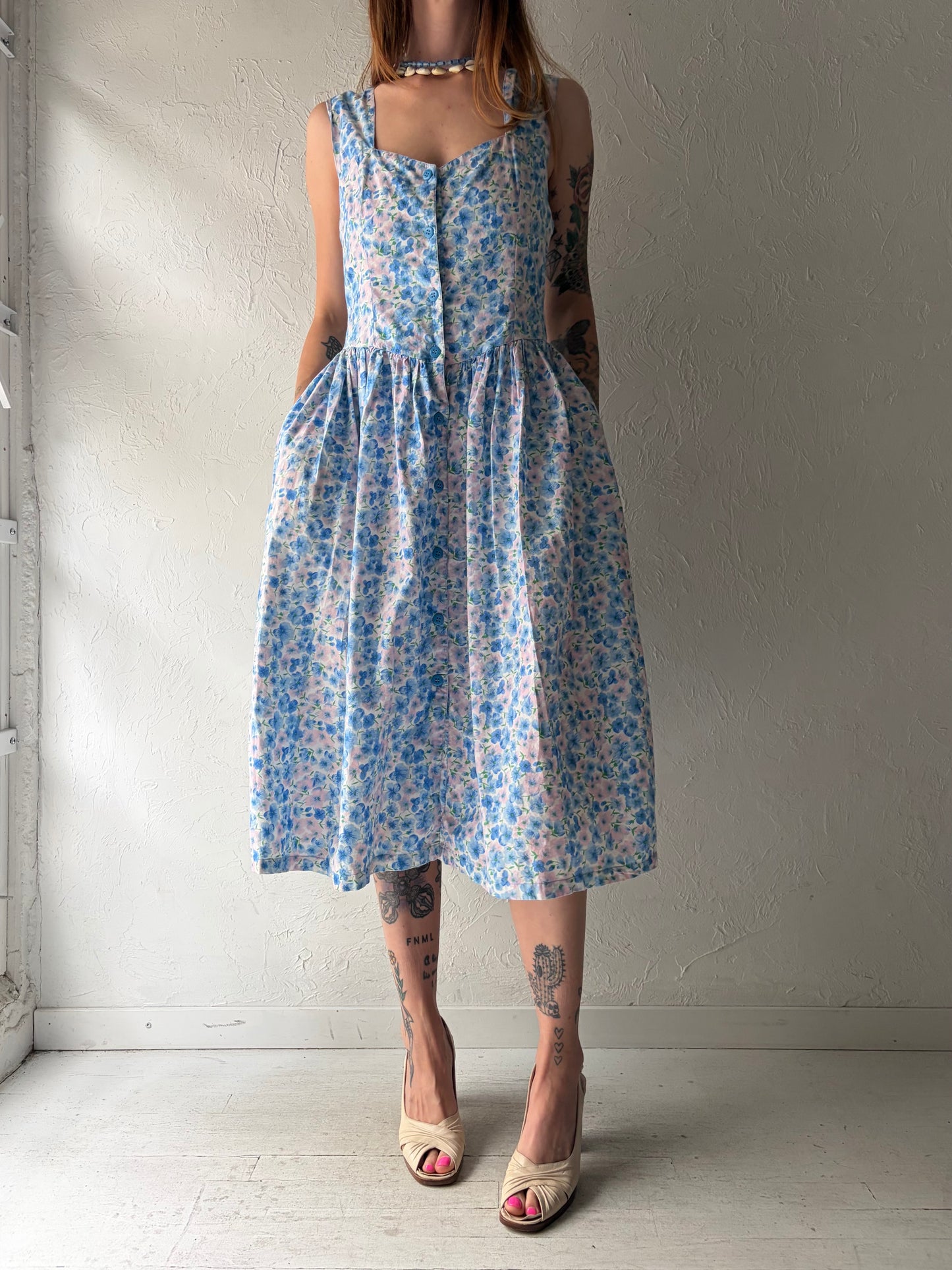 90s 'Mikado' Blue Floral Spring Dress / Small