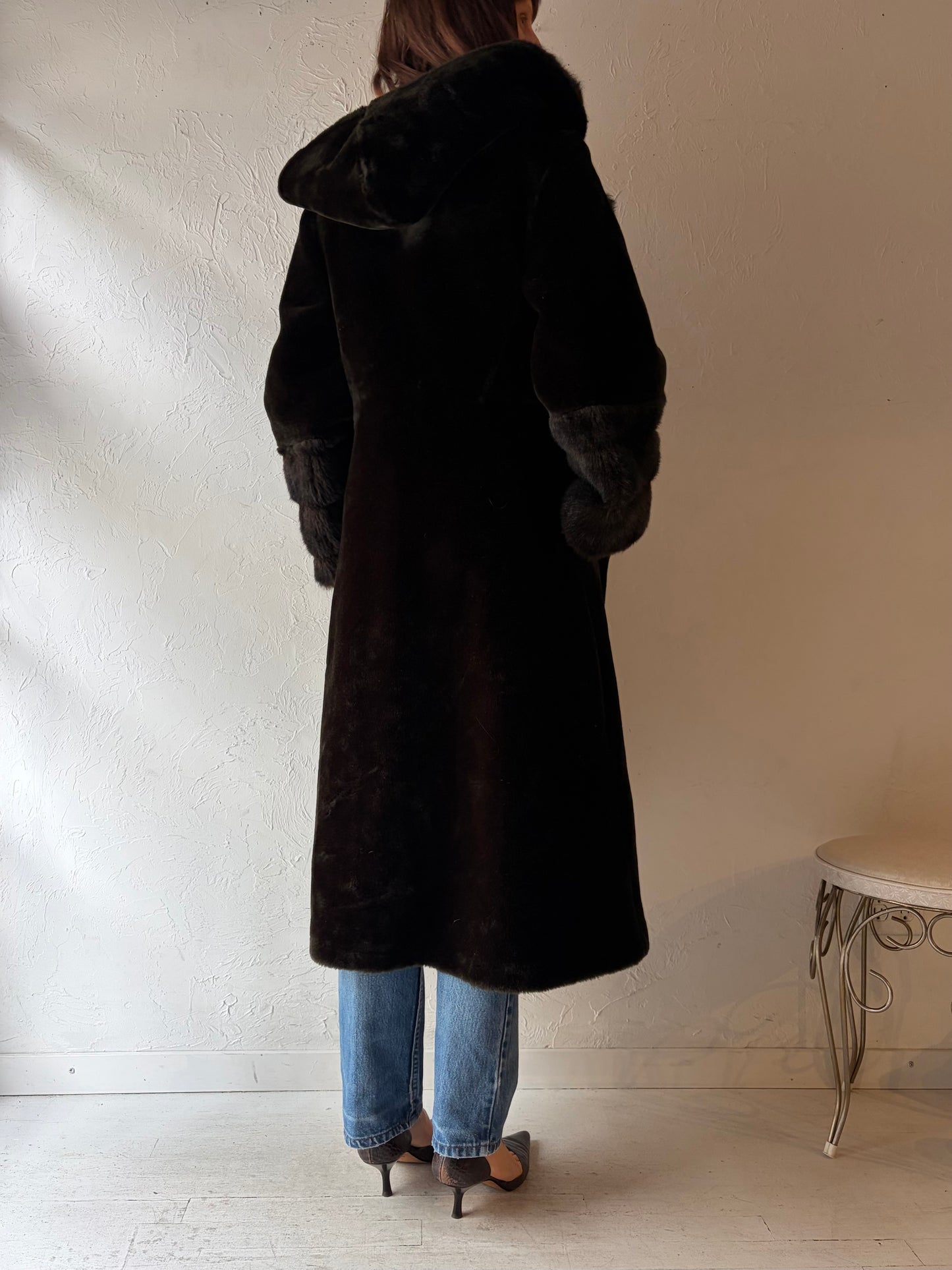 Vintage Hooded Brown Faux fur Coat / Medium
