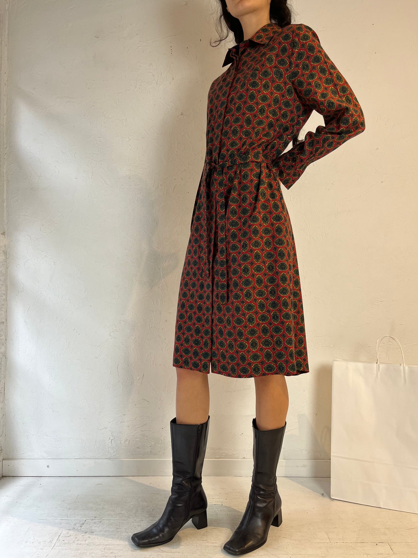 90s ‘Schrader’ Long Sleeve Patterned Midi Dress / Medium