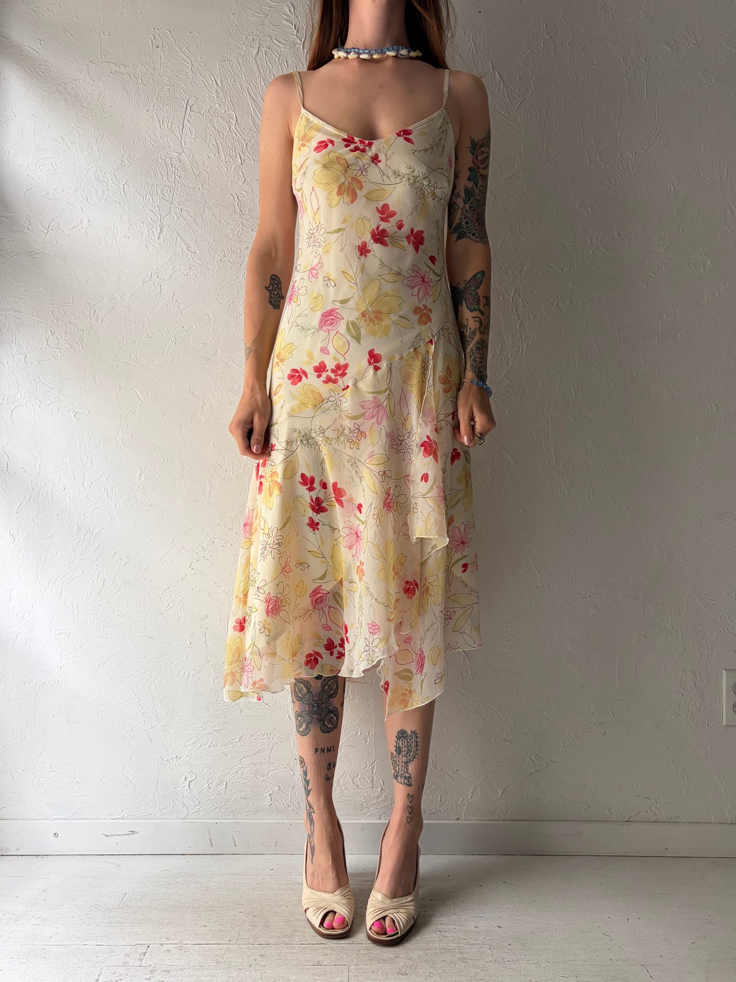 90s 'Studio Y' Yellow Floral Print Summer Dress / Small