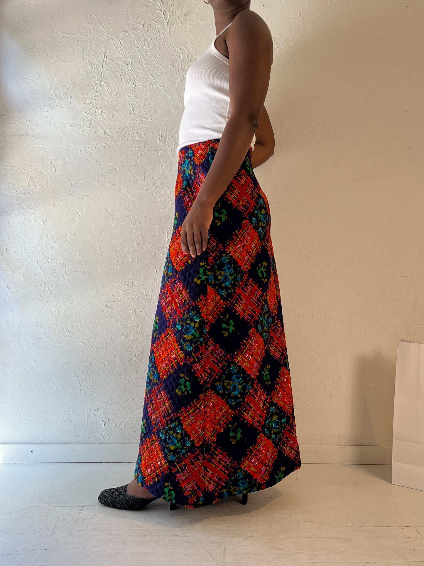 70s Handmade Quilted Maxi Skirt / Medium