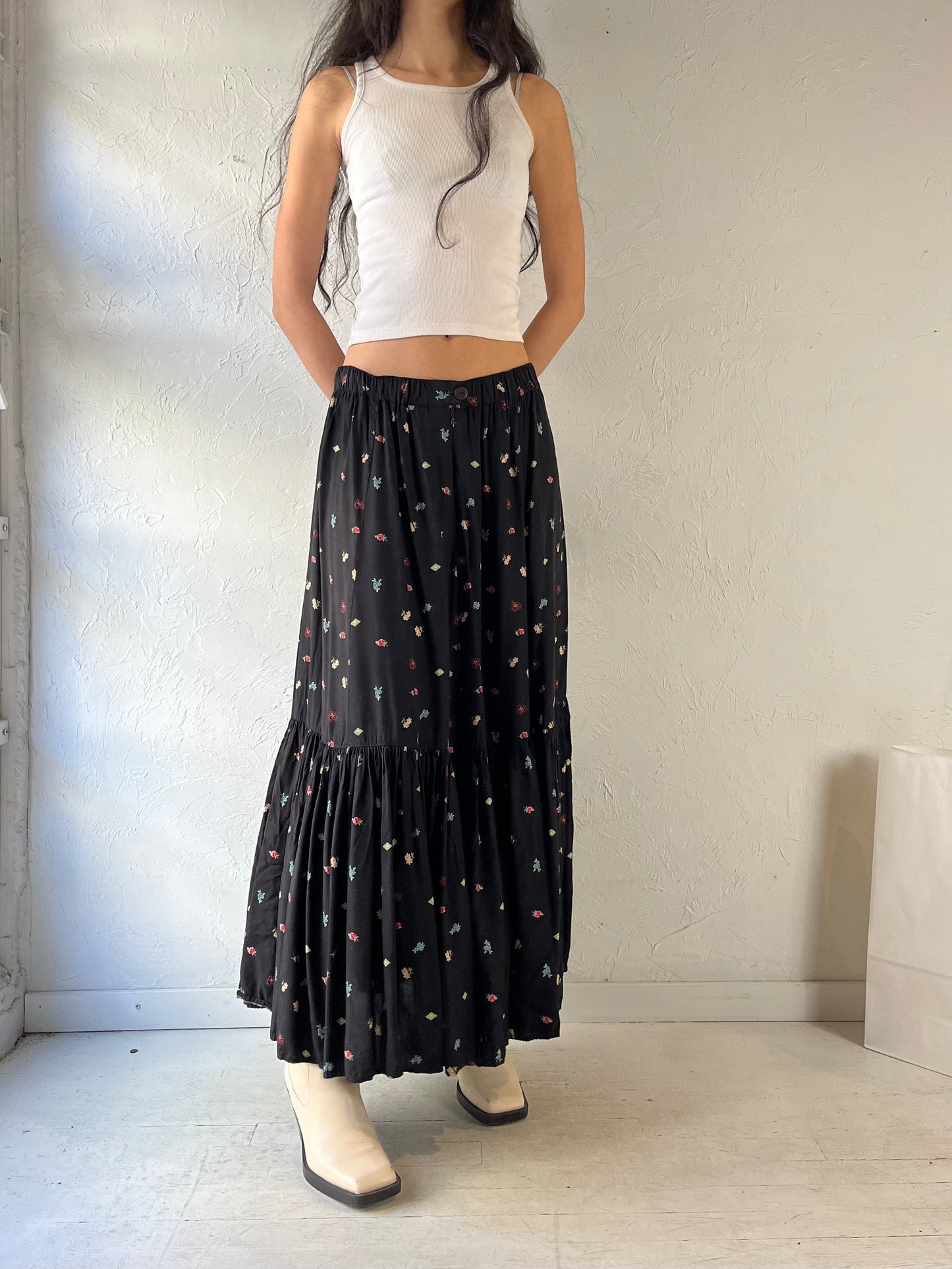 90s ‘Desert West’ Black Tiered Maxi Skirt / Medium