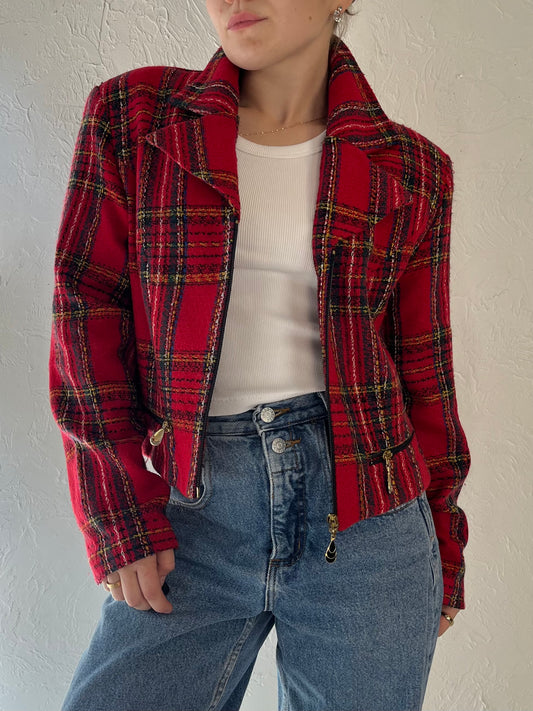 90s 'Lori Ann' Red Plaid Blazer Jacket / Medium