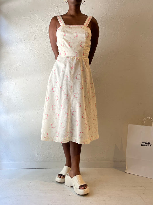 Vintage Handmade Cream Floral Print Dress / Medium