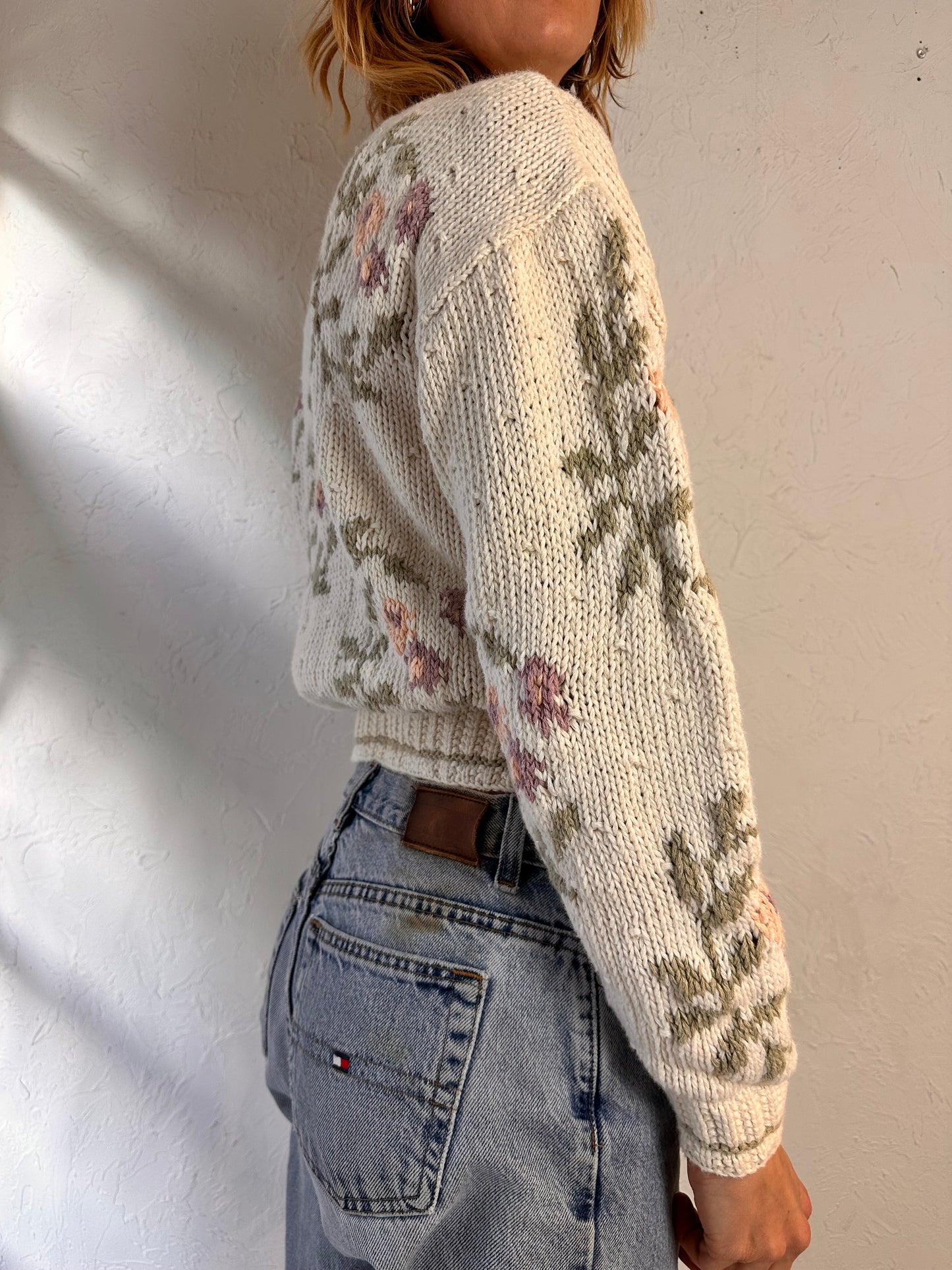 90s 'Liz Sport' Floral Knit Pullover Sweater / Medium