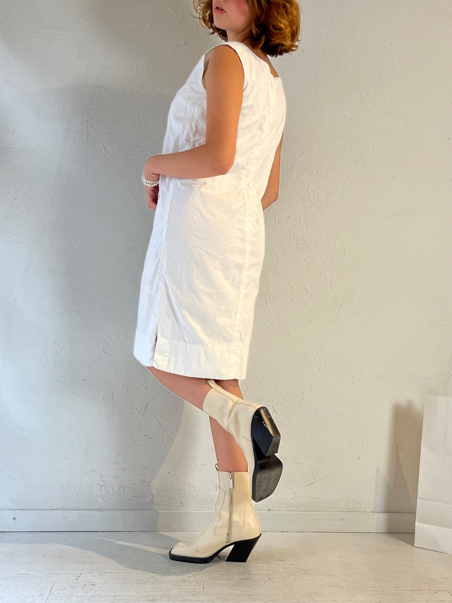 80s 'Marge Hall' White Eyelet Midi Dress / Small