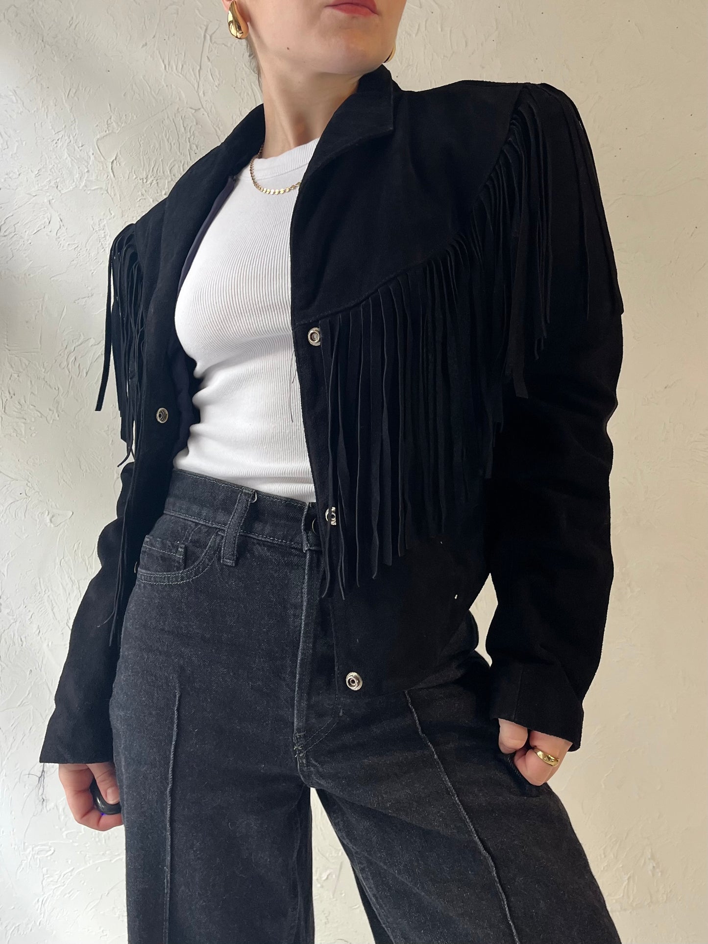 80s 'Genuine Leather' Black Suede Fringe Jacket / Medium