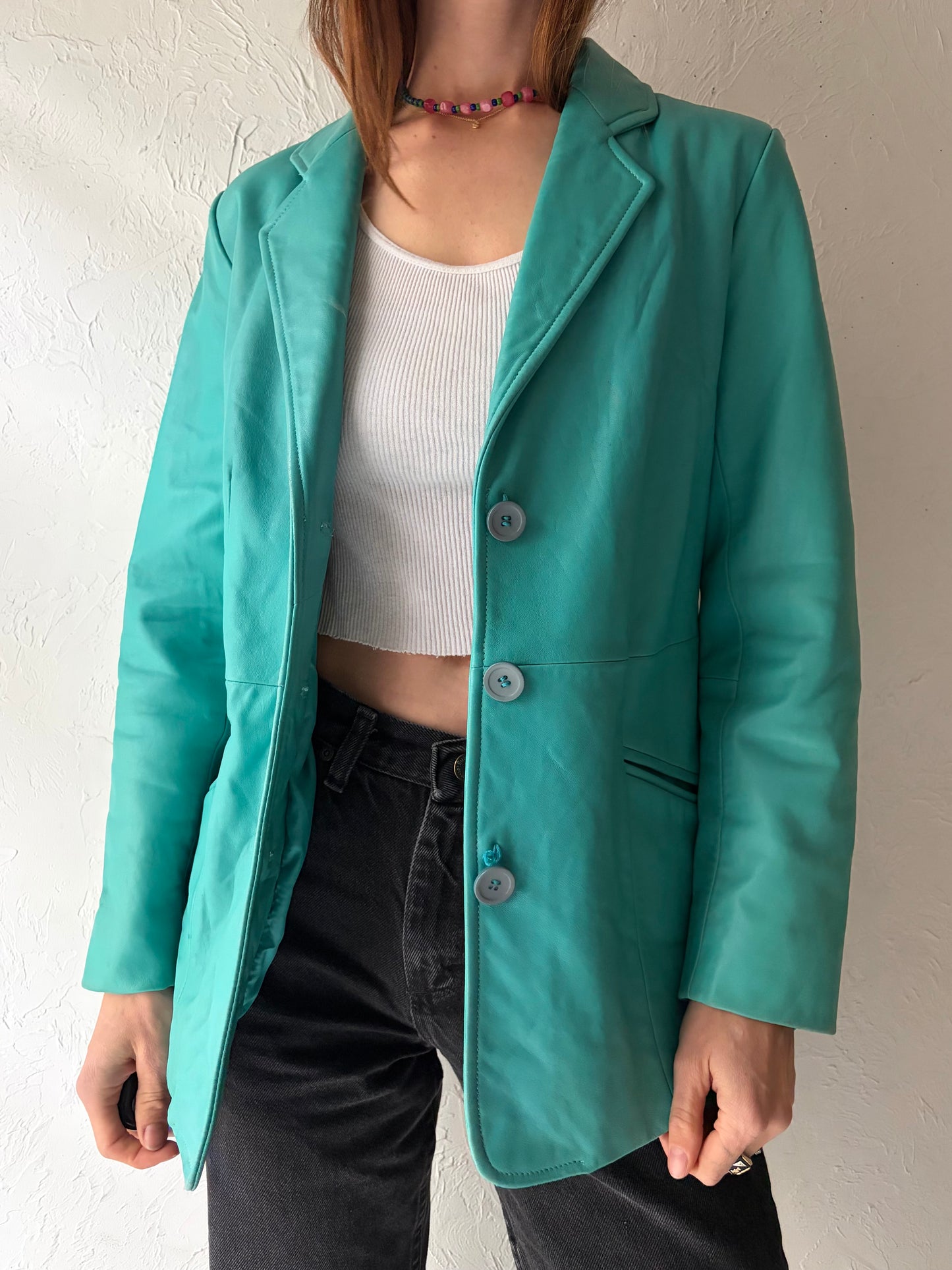 Y2k 'Bernardo' Turquoise Leather Blazer Style Jacket / Vintage 2000s Minimalist Jacket / Small