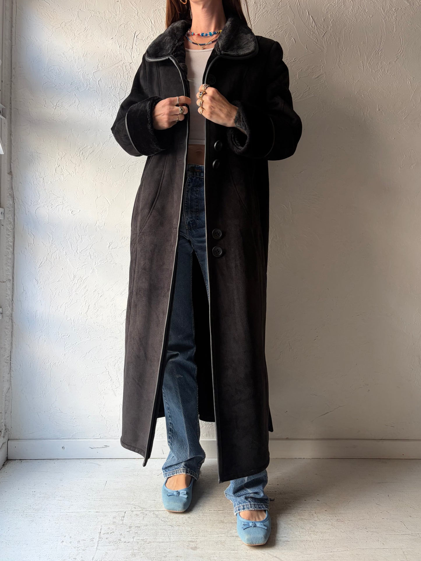 Vintage 'Pizazz' Black Micro Suede Coat / Small