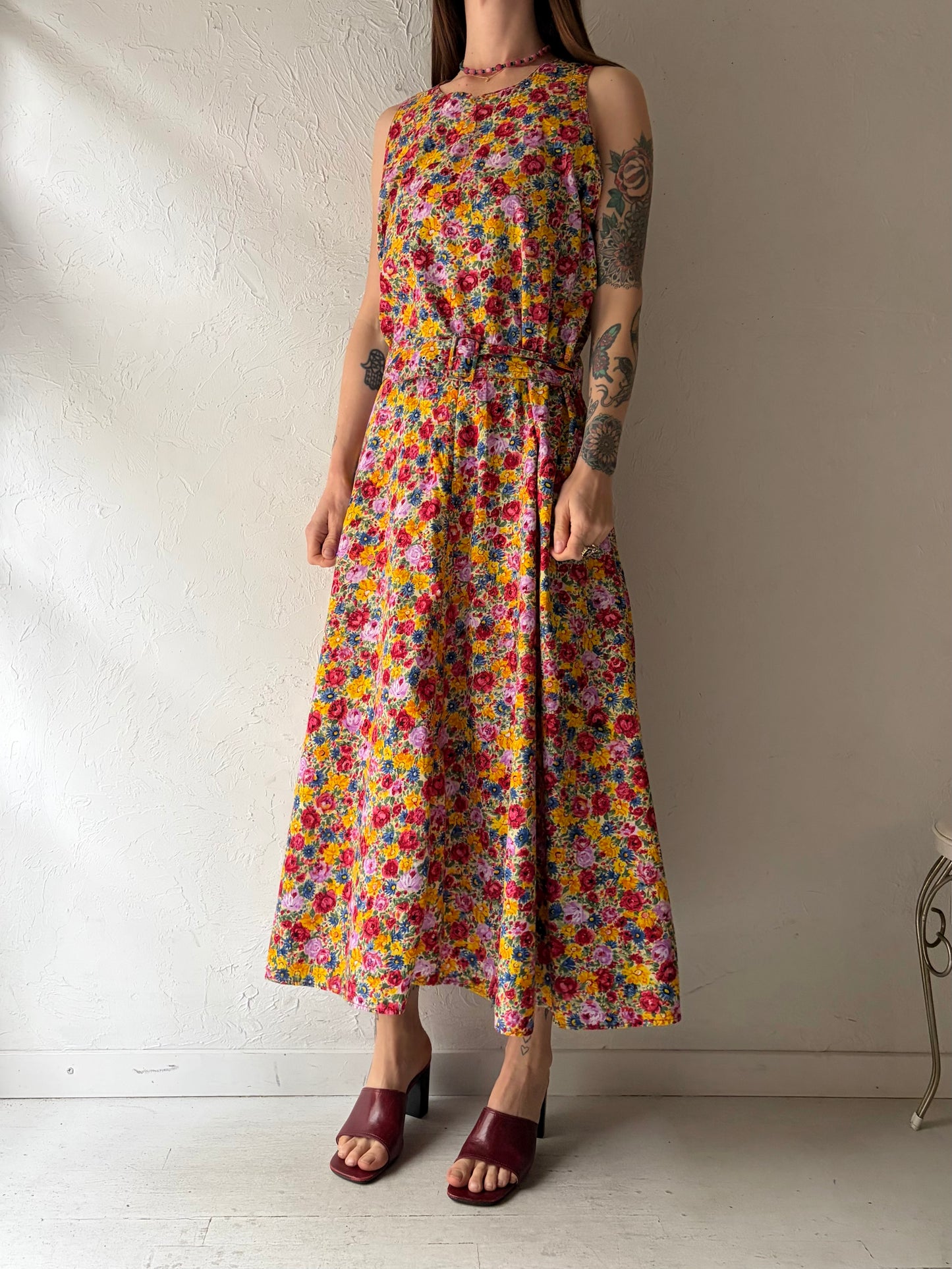 90s 'Fairset' Cotton Floral Spring Dress / Large