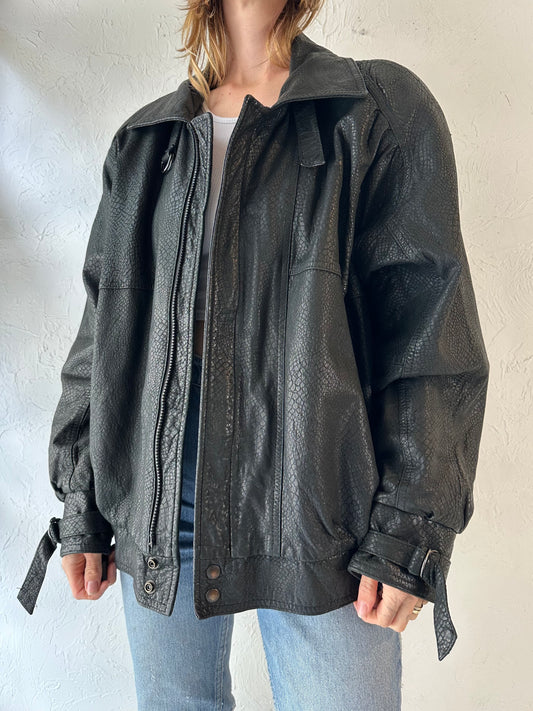 90s 'Boutique of Leathers' Black Snakeskin Bomber Jacket / Large