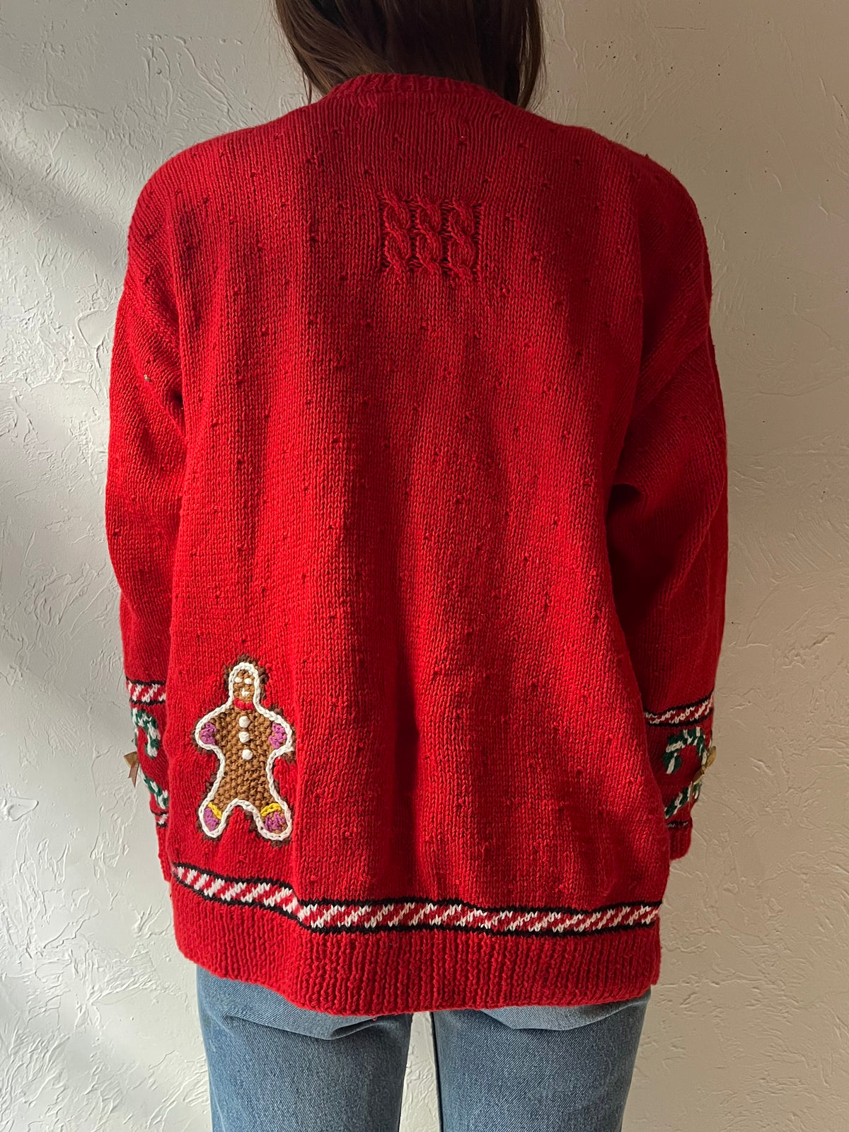 90s 'Marisa Christina' Red Gingerbread House Holiday Cardigan Christmas Novelty Knit Sweater / Medium - Large