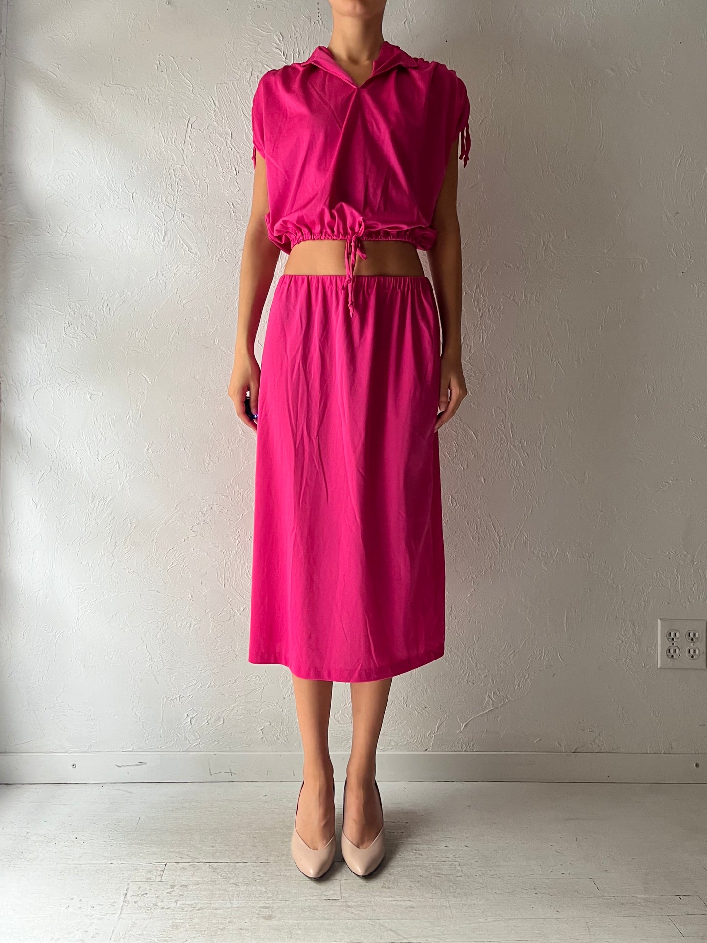 70s Hot Pink Two Piece Skirt Top Set / Small