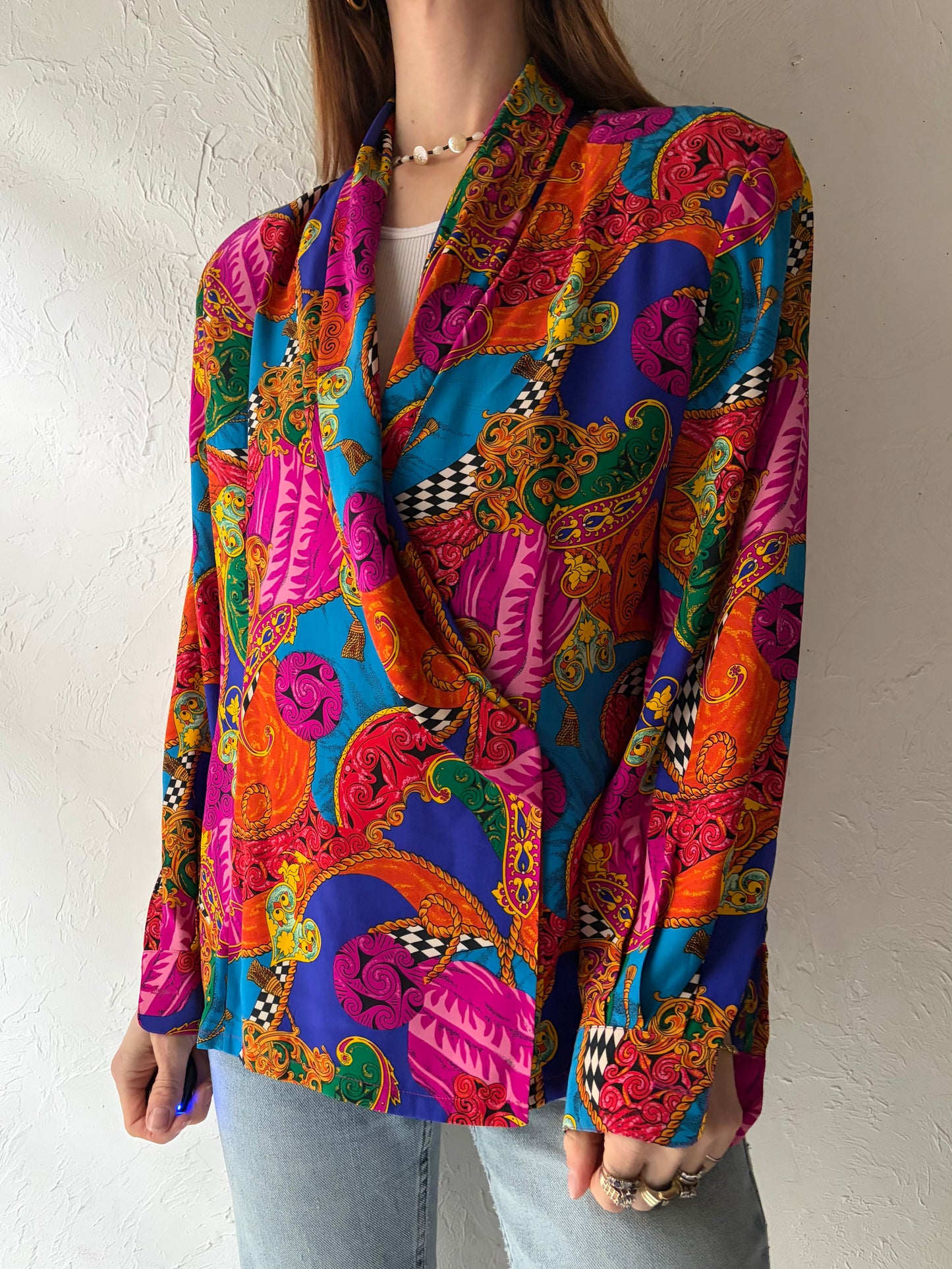 90s 'Danna Buchman' Retro Patterned Silk Blouse / Medium