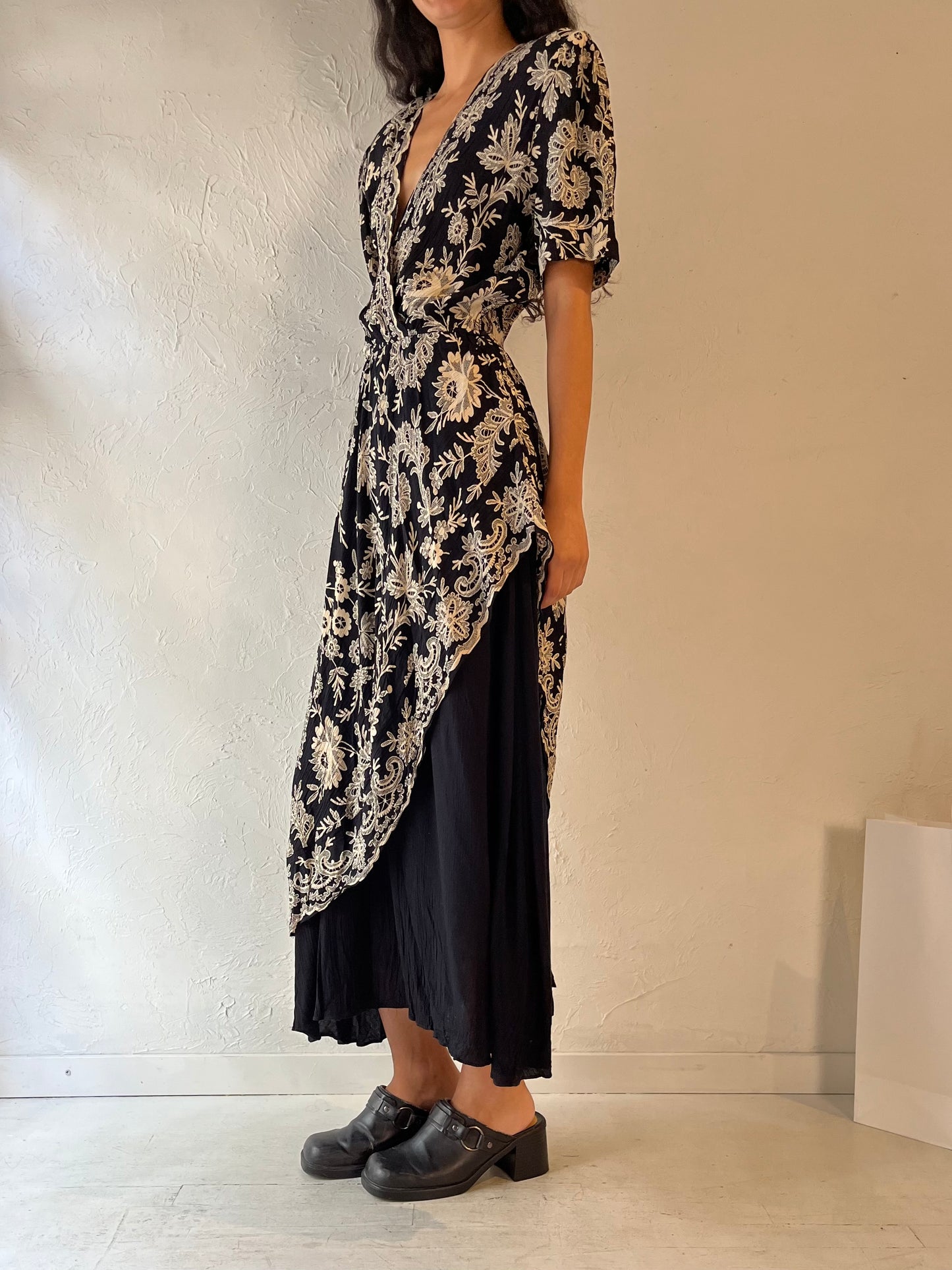 80s 'Phoebe' Black Rayon Midi Dress / Small - Medium