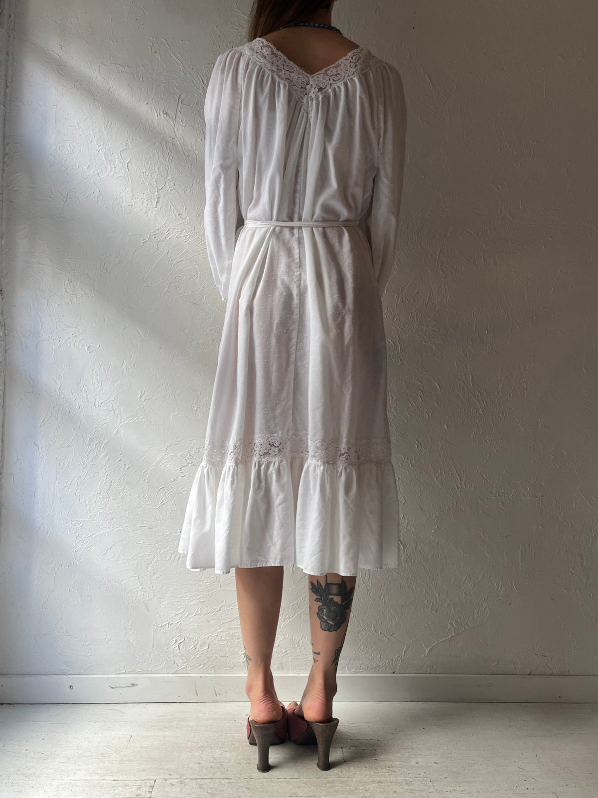 70s 'Sears' White Romantic Boho Western Prairie Cottagecore Midi Summer Dress / Medium