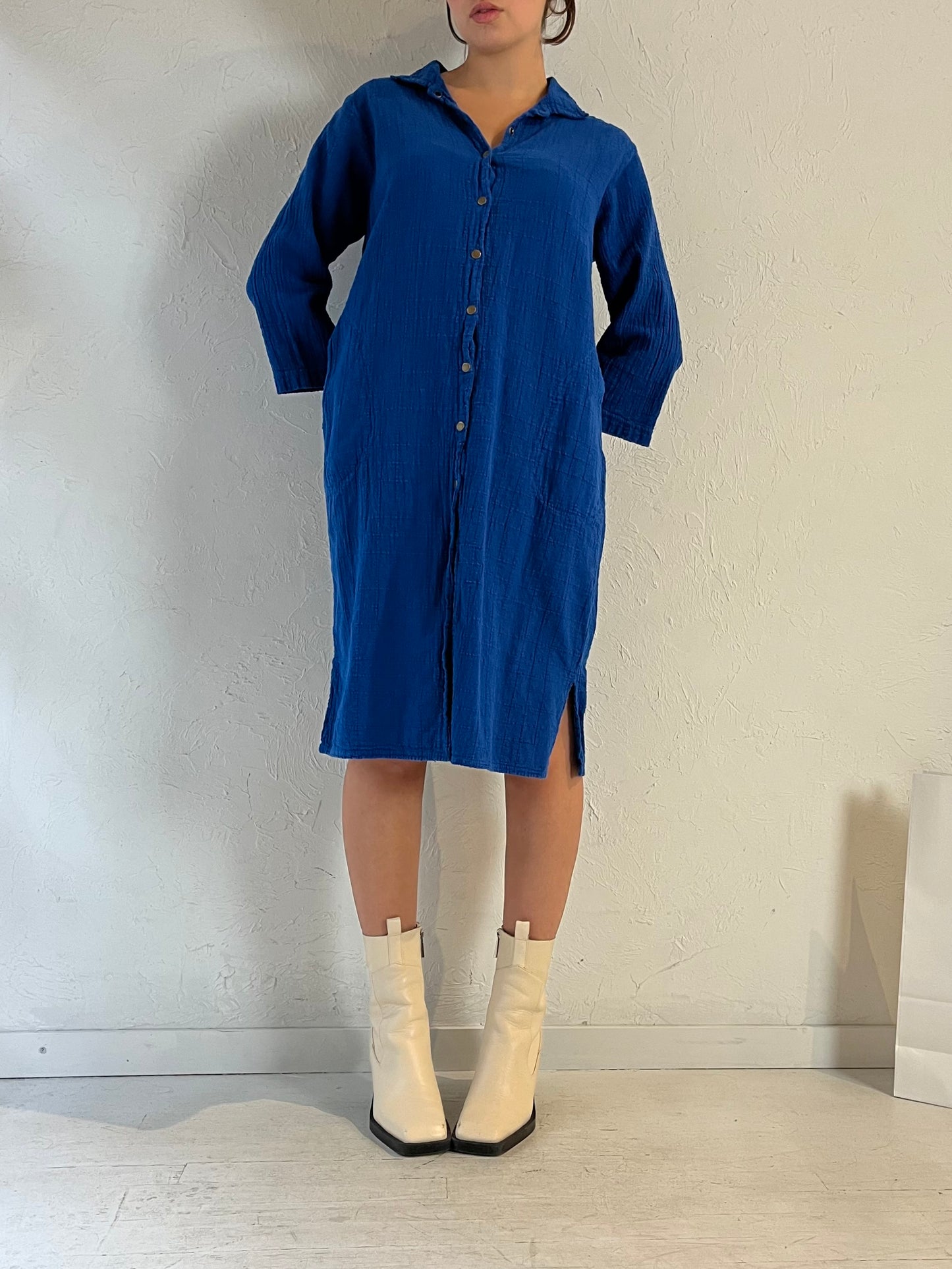 90s 'Ezzewear' Blue Snap Up Midi Dress / Medium