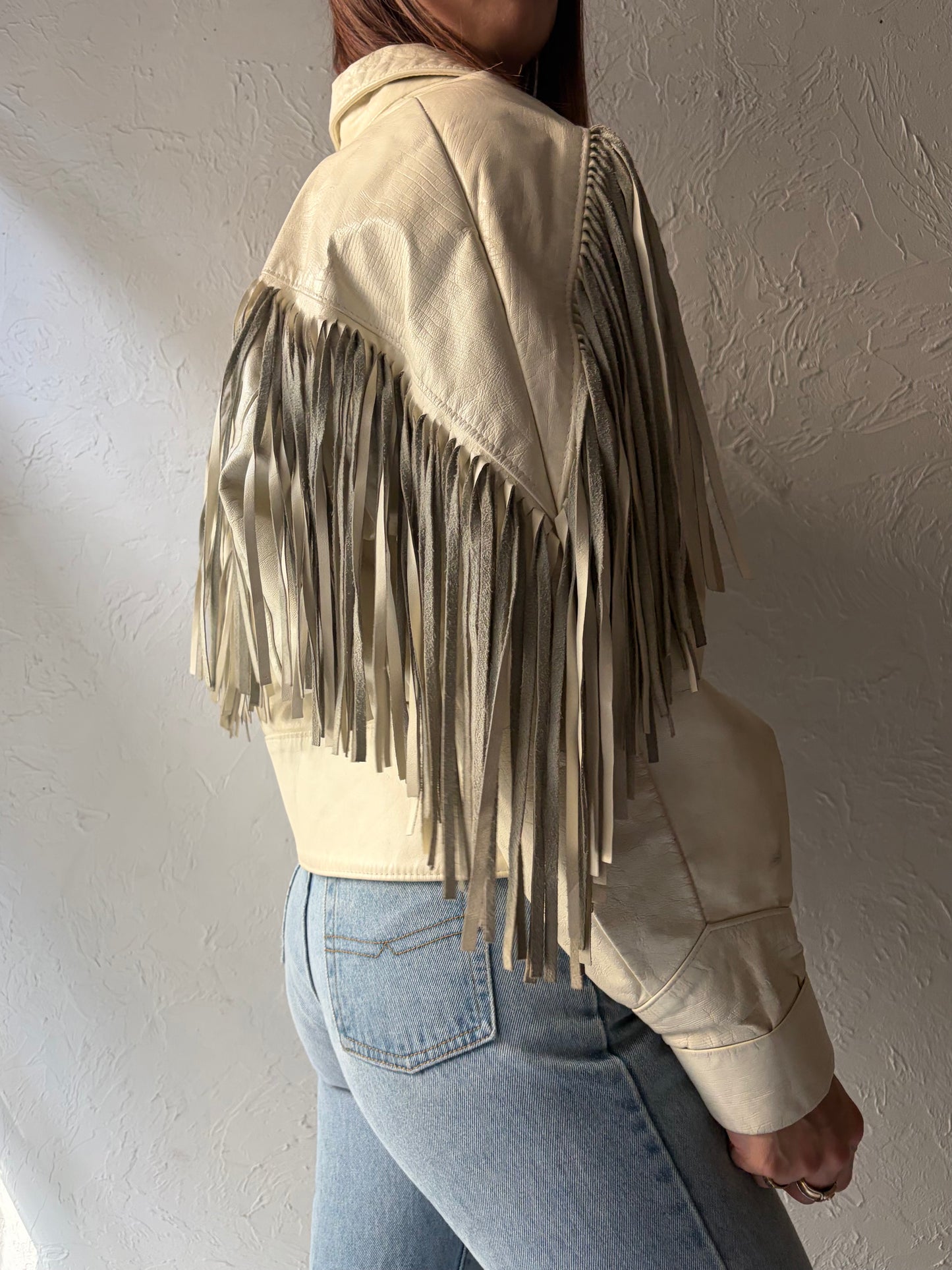 80s 'The Leather Ranch' White Leather Fringe Western Bomber Jacket / Vintage Retro Cowgirl Cropped Jacket / Small