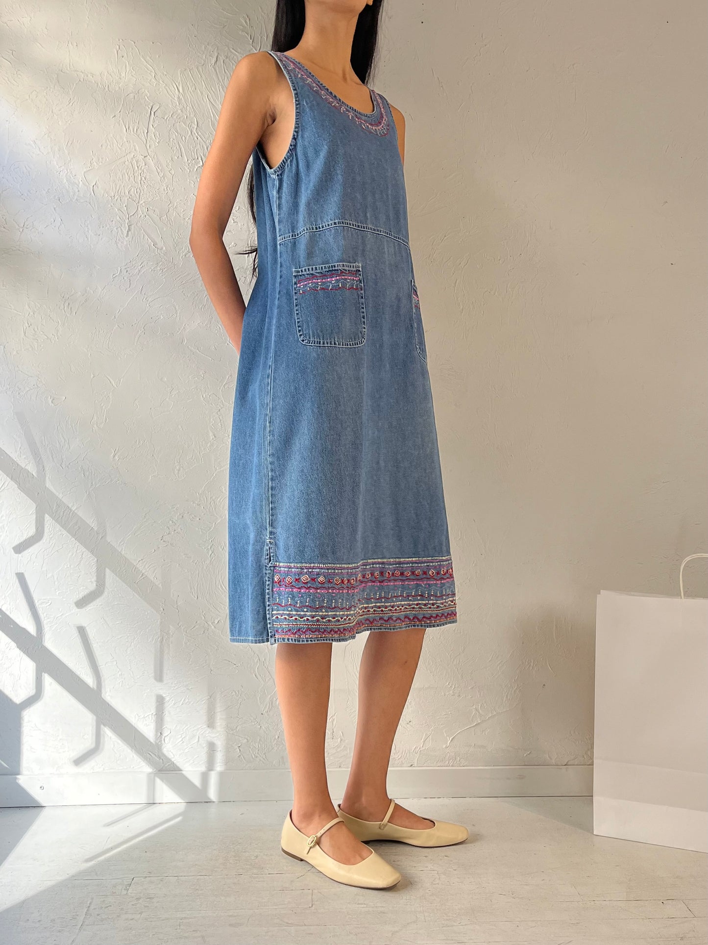 90s ‘Silverlake’ Embroidered Denim Dress / Small