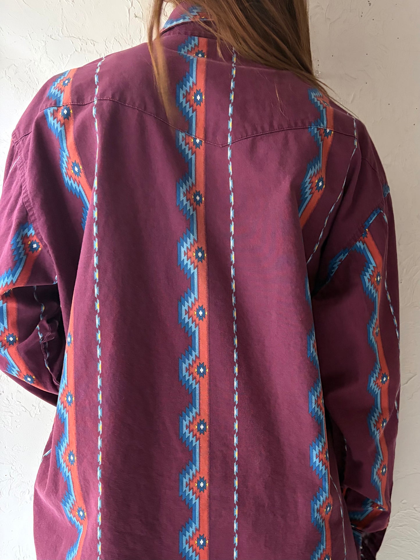 Y2k 'Wrangler' Retro Patterned Western Snap Up Shirt / Vintage 2000s Cowboy Work Wear Shirt / Large