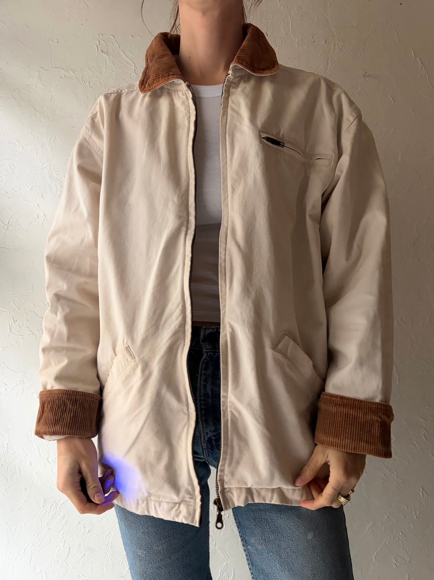 90s 'Cherokee' White Denim Barn Chore Jacket / Small