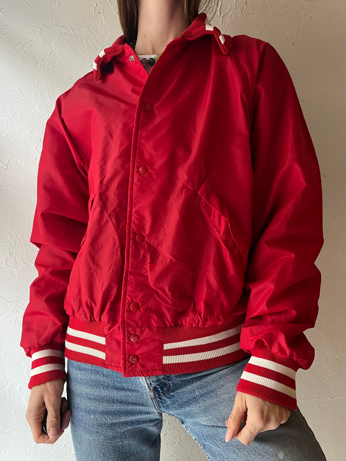 70s 'Pla-Jac' Red Varsity Embroidered Car Graphic Retro Workwear Snap Up Bomber Jacket / Medium
