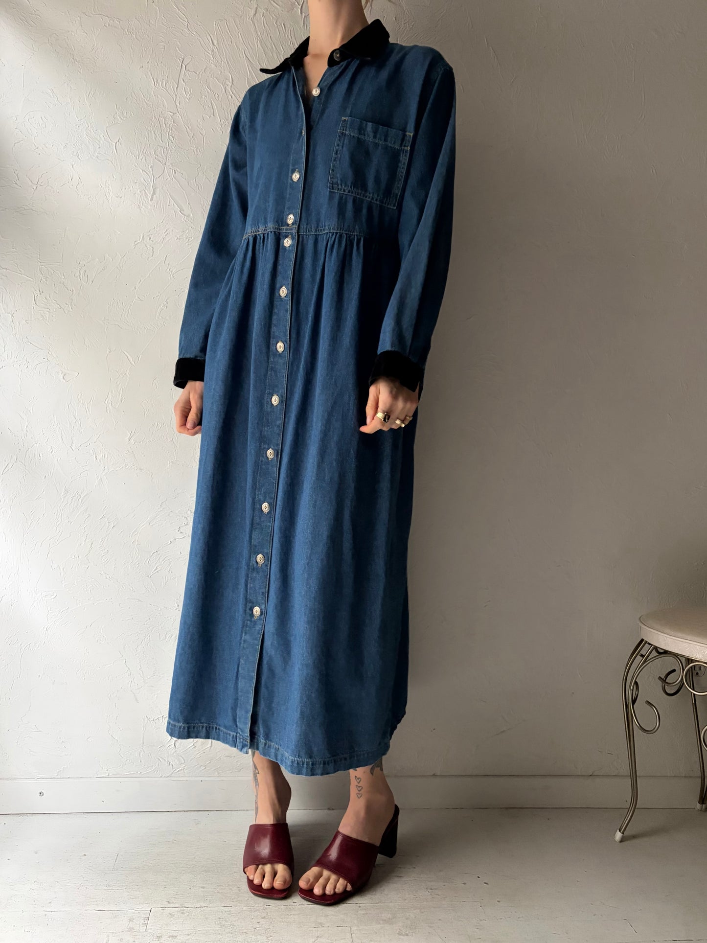 90s ‘Match’ Long Sleeve Denim Dress / Medium