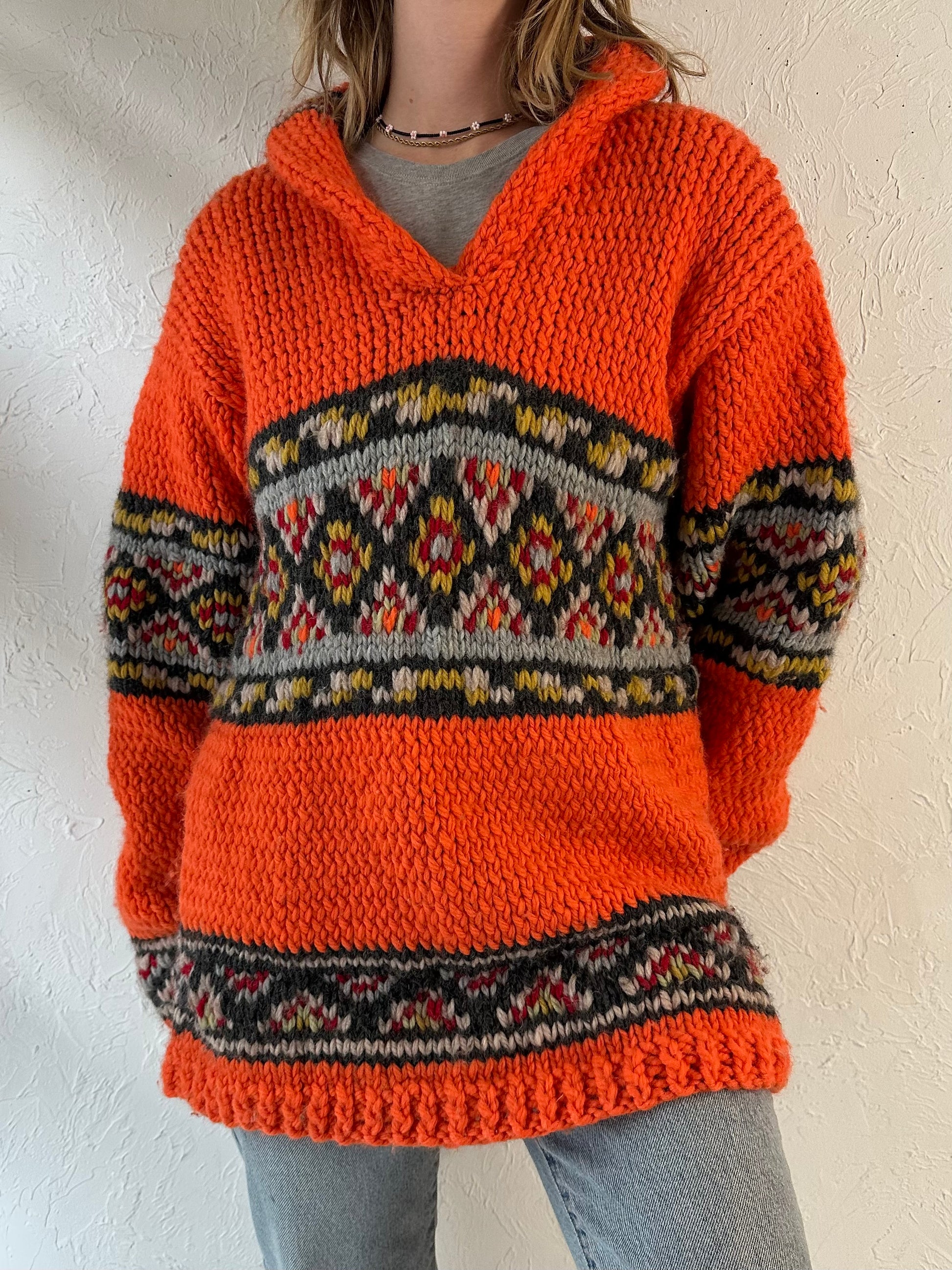 Vintage Hand Knit Orange Sweater / Large