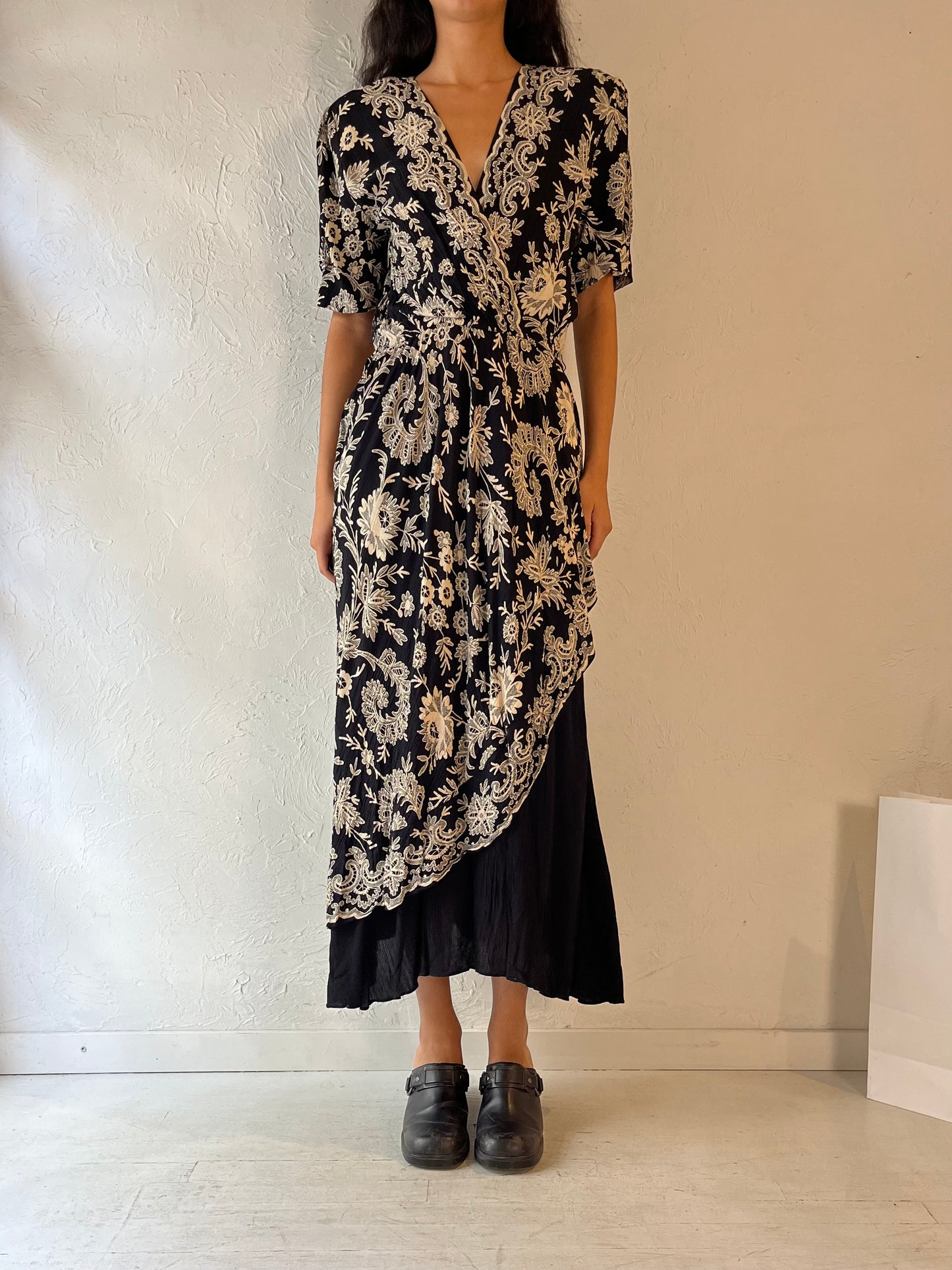 80s 'Phoebe' Black Rayon Midi Dress / Small - Medium